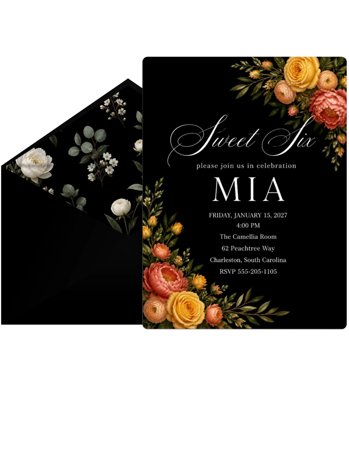 Black Floral 6th Birthday Invitation