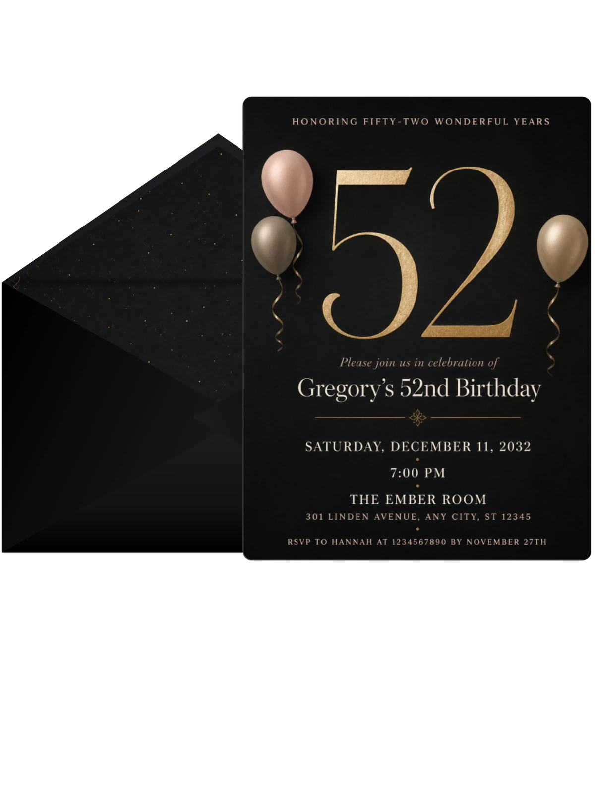 Charcoal and Blush 52nd Birthday Invitation