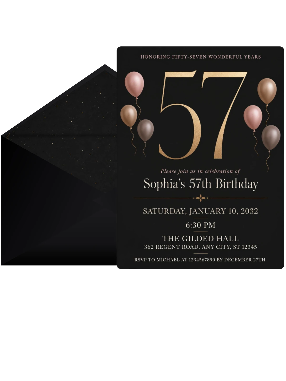 Charcoal and Blush 57th Birthday Invitation