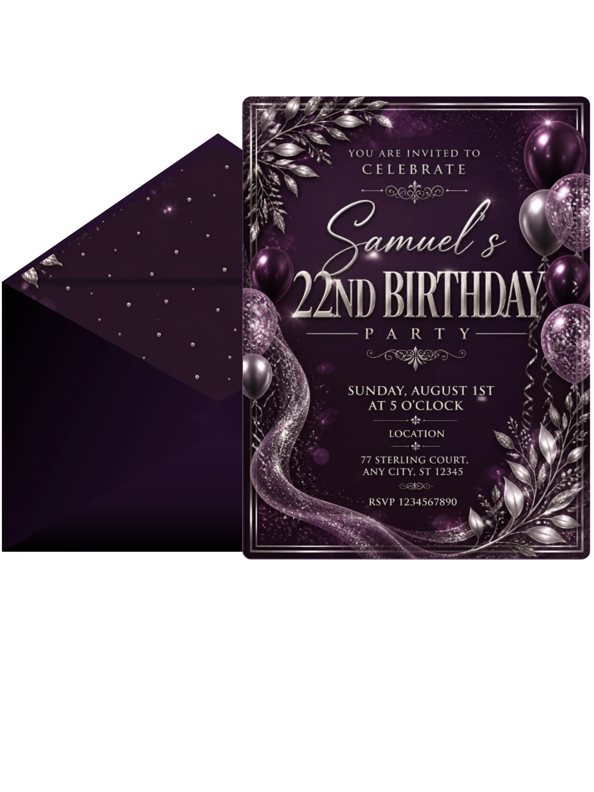 Plum and Silver 22nd Birthday Invitation