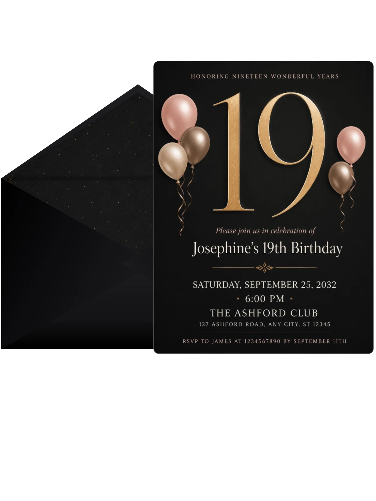 Charcoal and Blush 19th Birthday Invitation