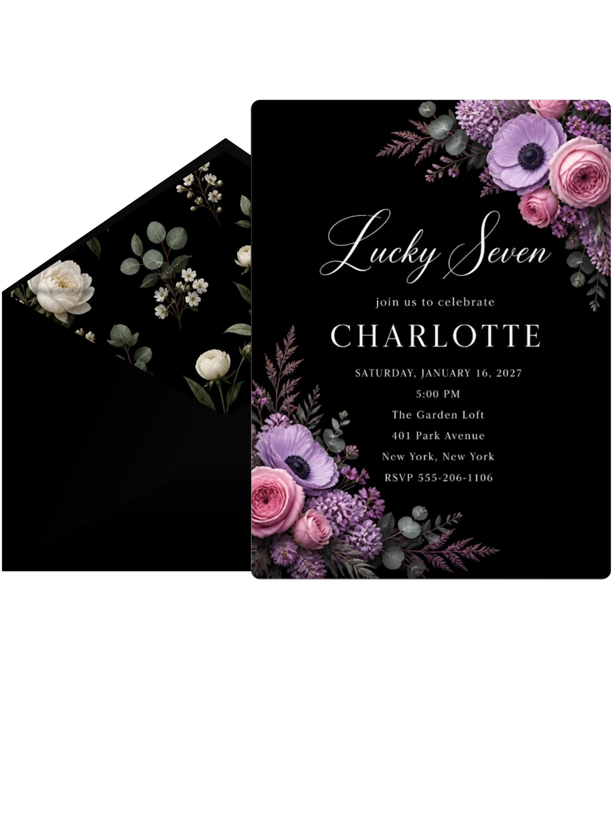 Black Floral 7th Birthday Invitation