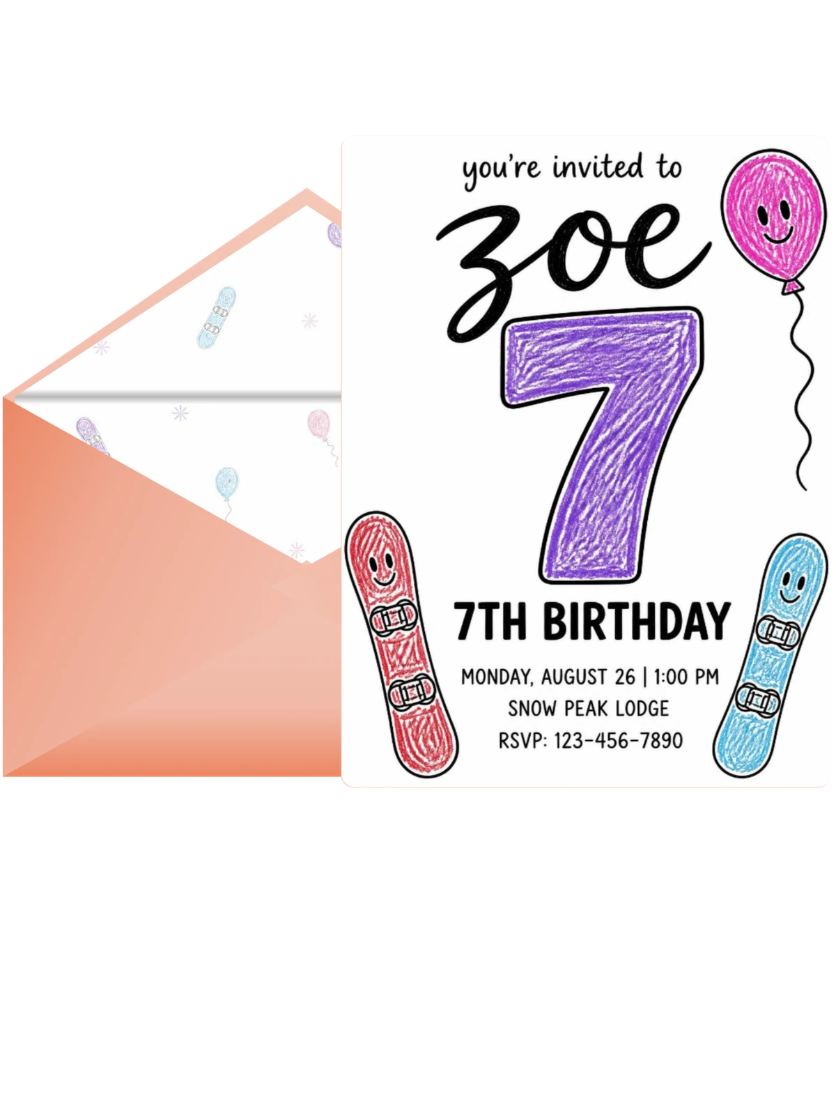Crayon Snowboard Illustration 7th Birthday Invitation