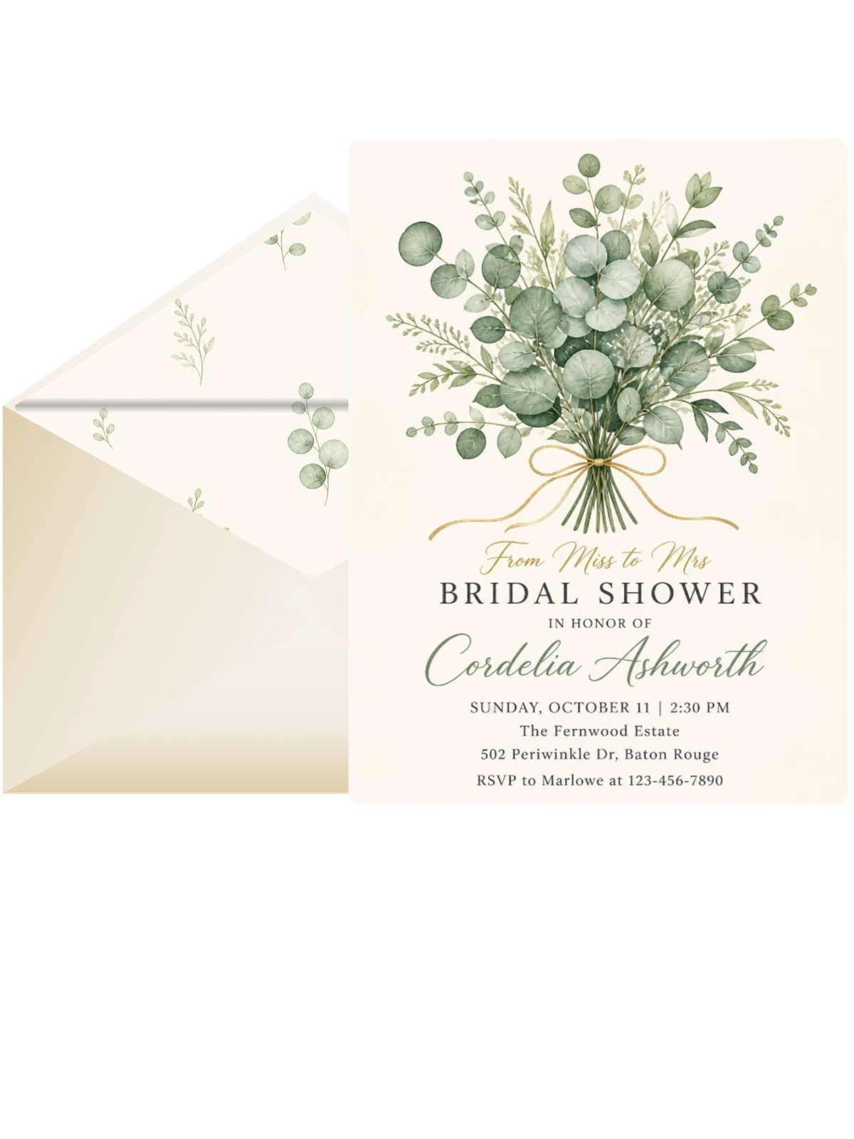 Watercolor Eucalyptus Gold Ribbon Bridal Shower