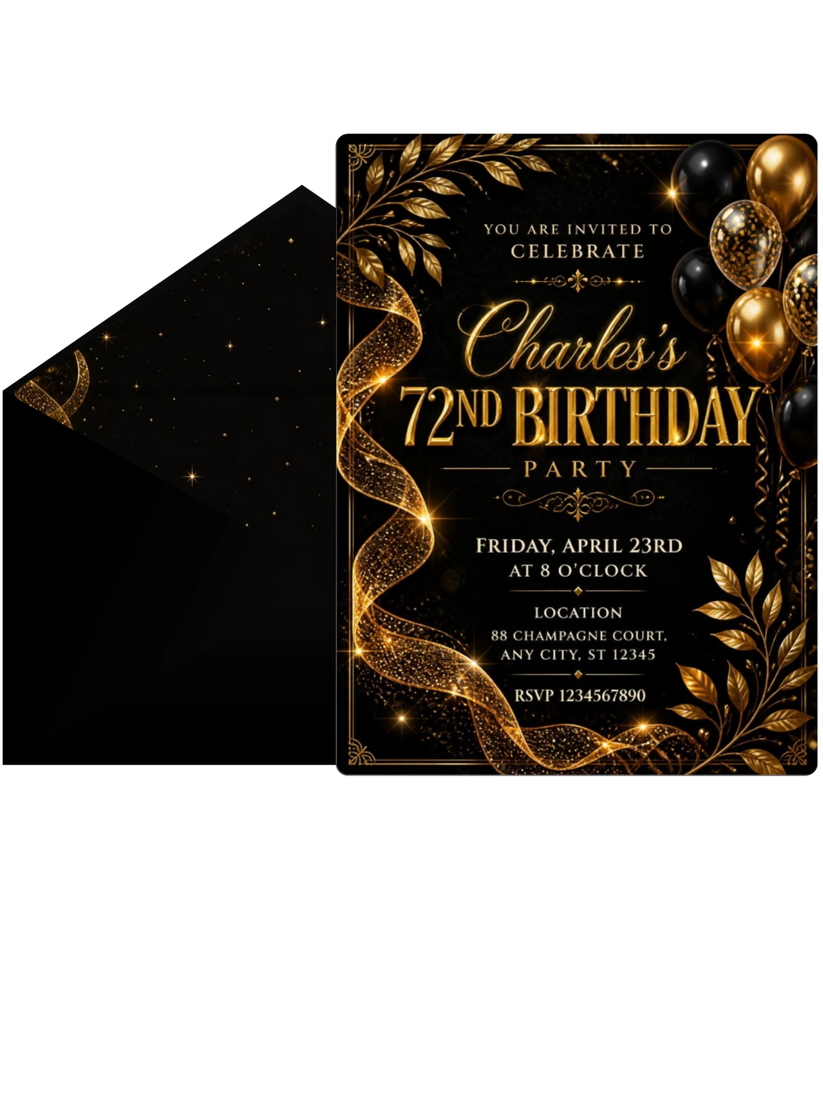 Black and Gold 72nd Birthday Invitation