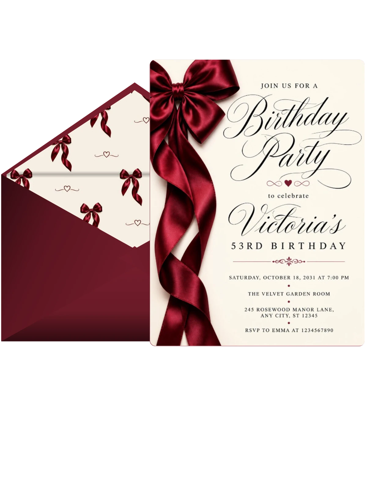 Burgundy Satin Bow 53rd Birthday Invitation
