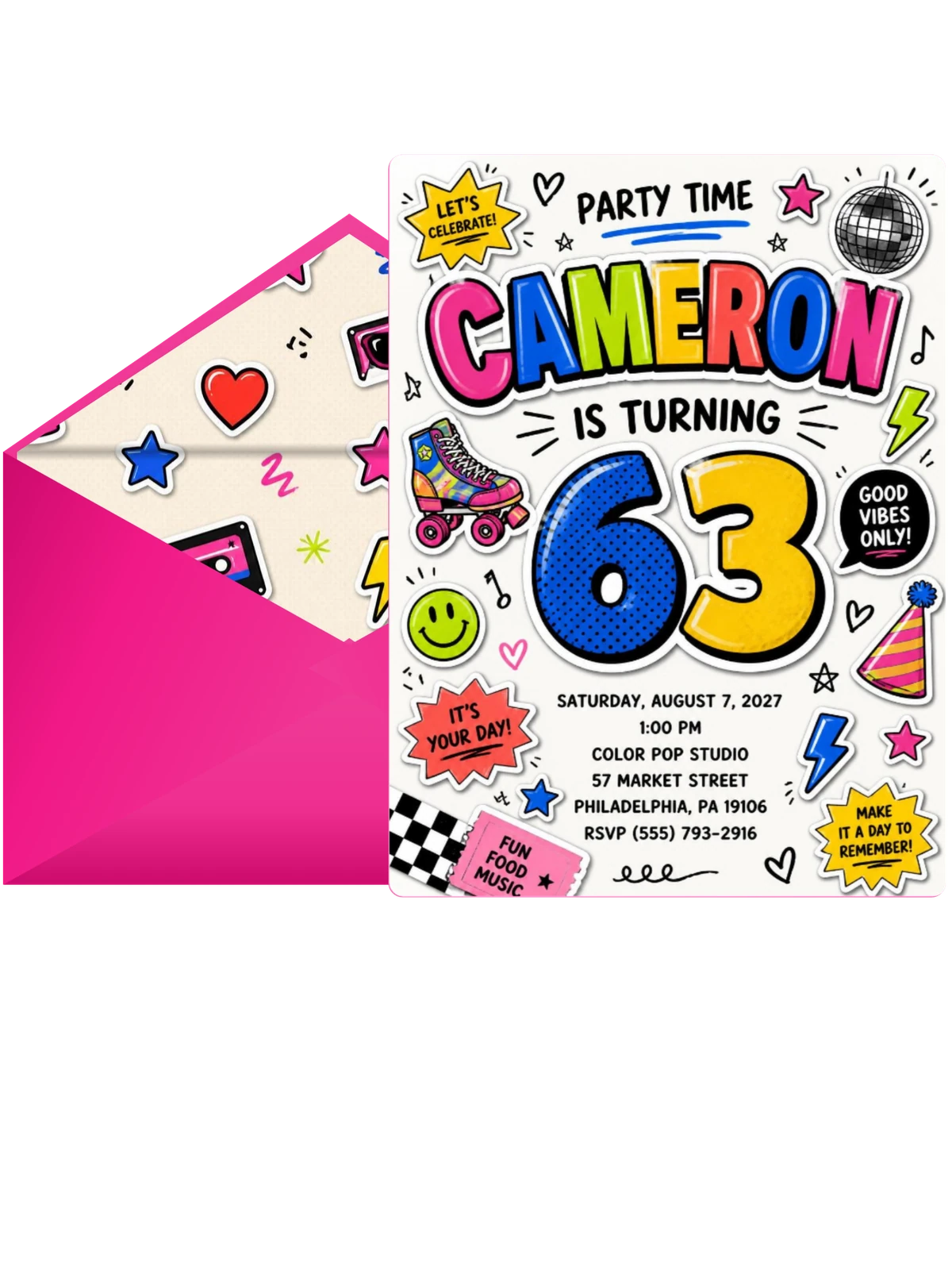 Sticker Pop 63rd Birthday Invitation