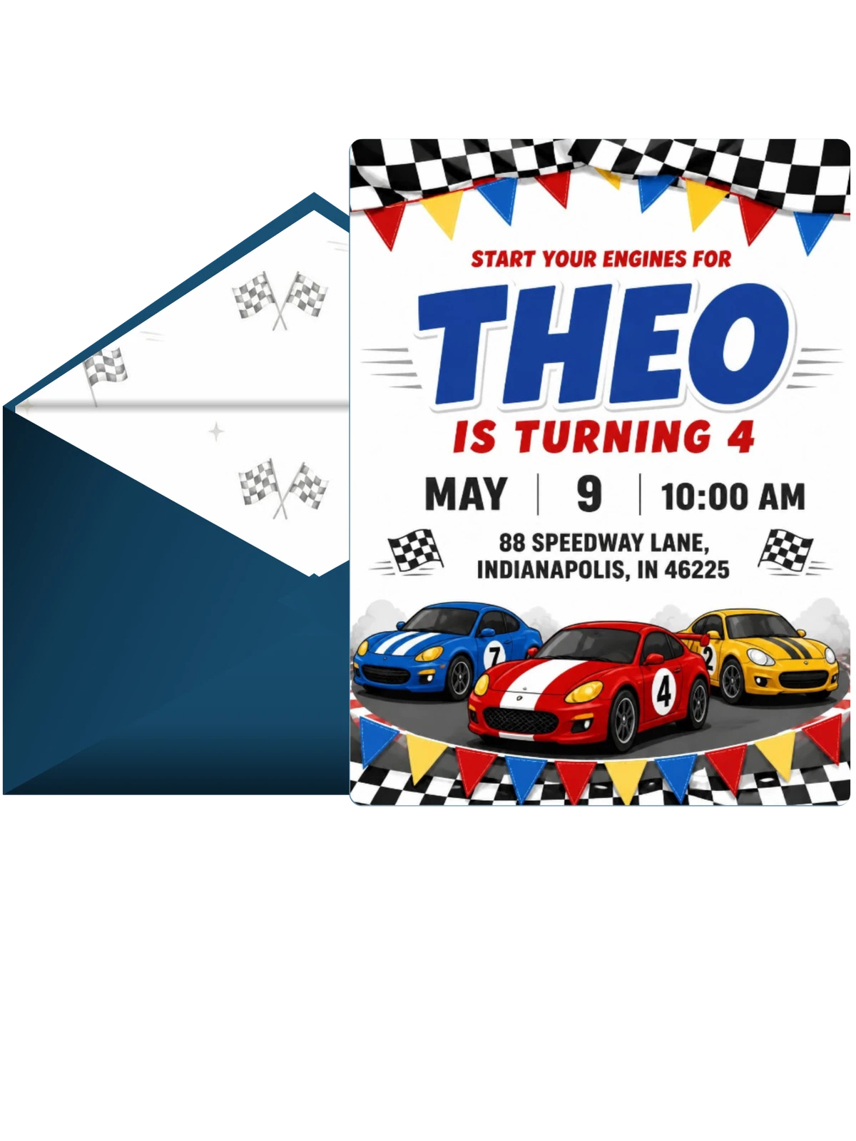 Cartoon Race Car 4th Birthday Invitation
