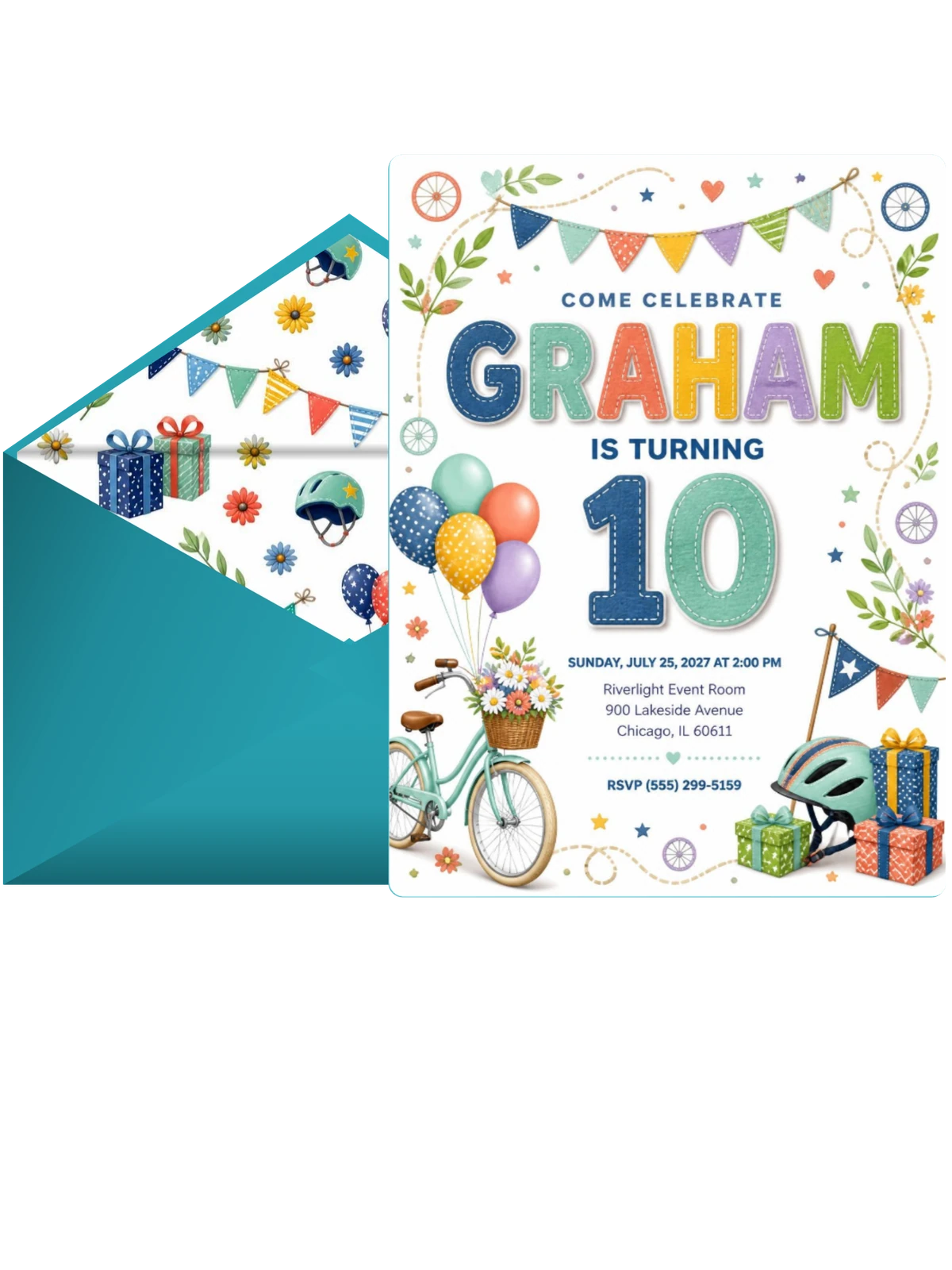 Stitched Bike Ride 10th Birthday Invitation