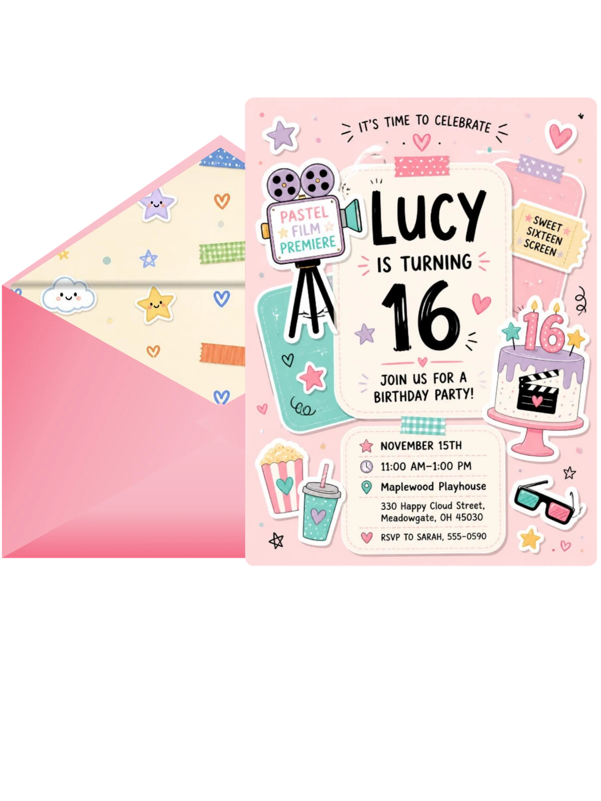 Movie Camera Pastel 16th Birthday Invitation