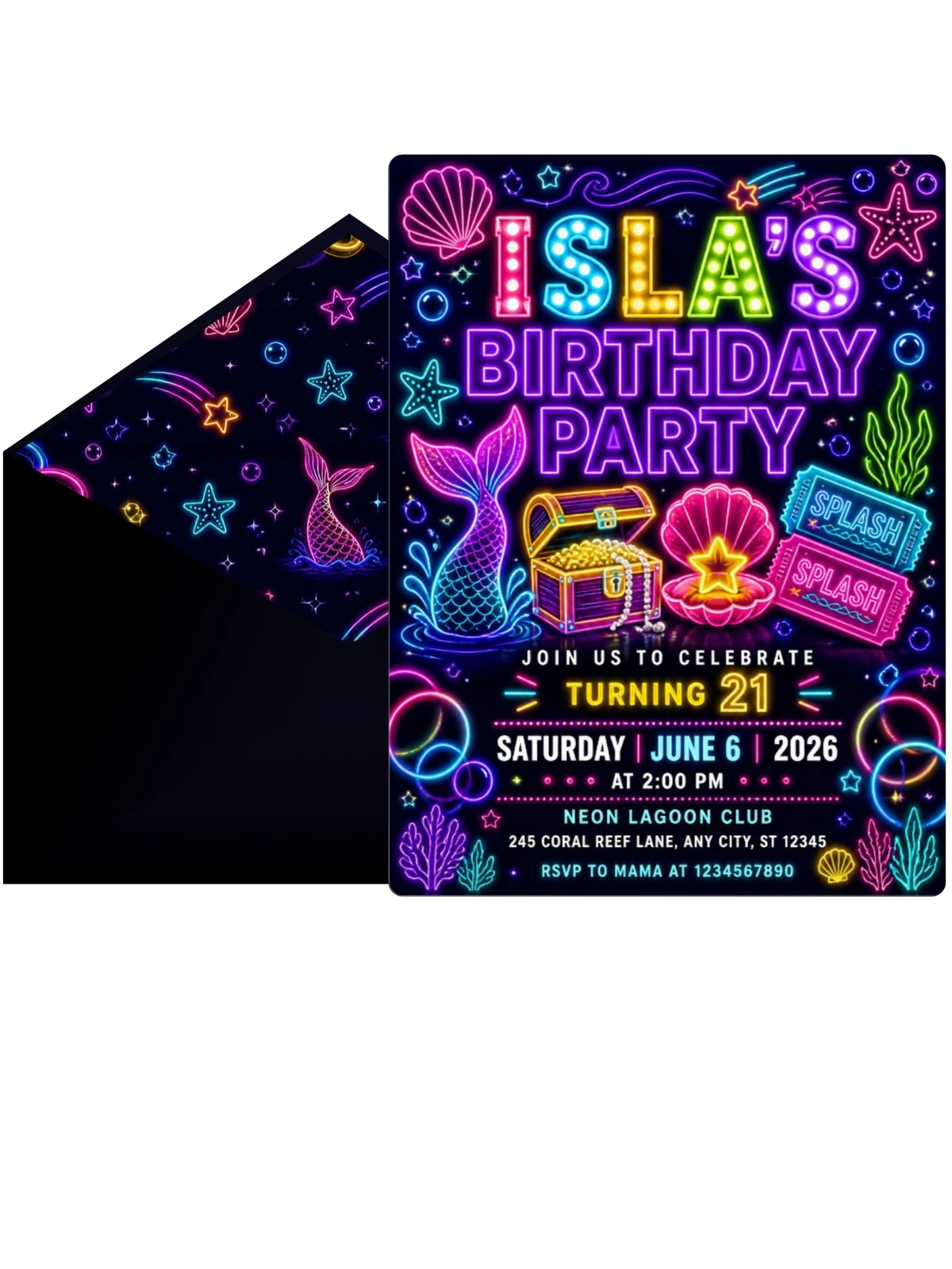 Neon Mermaid 21st Birthday Invitation