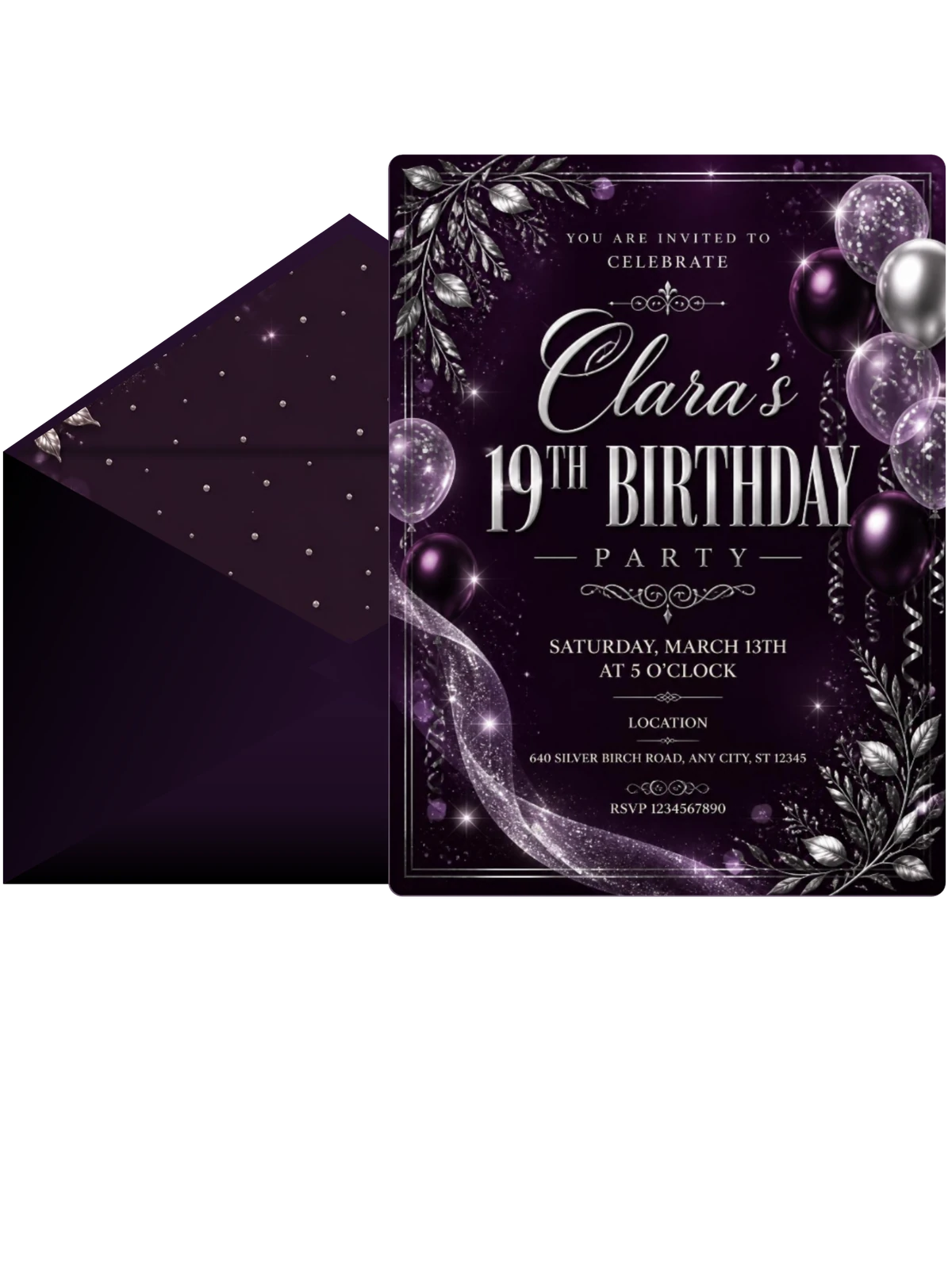 Plum and Silver 19th Birthday Invitation