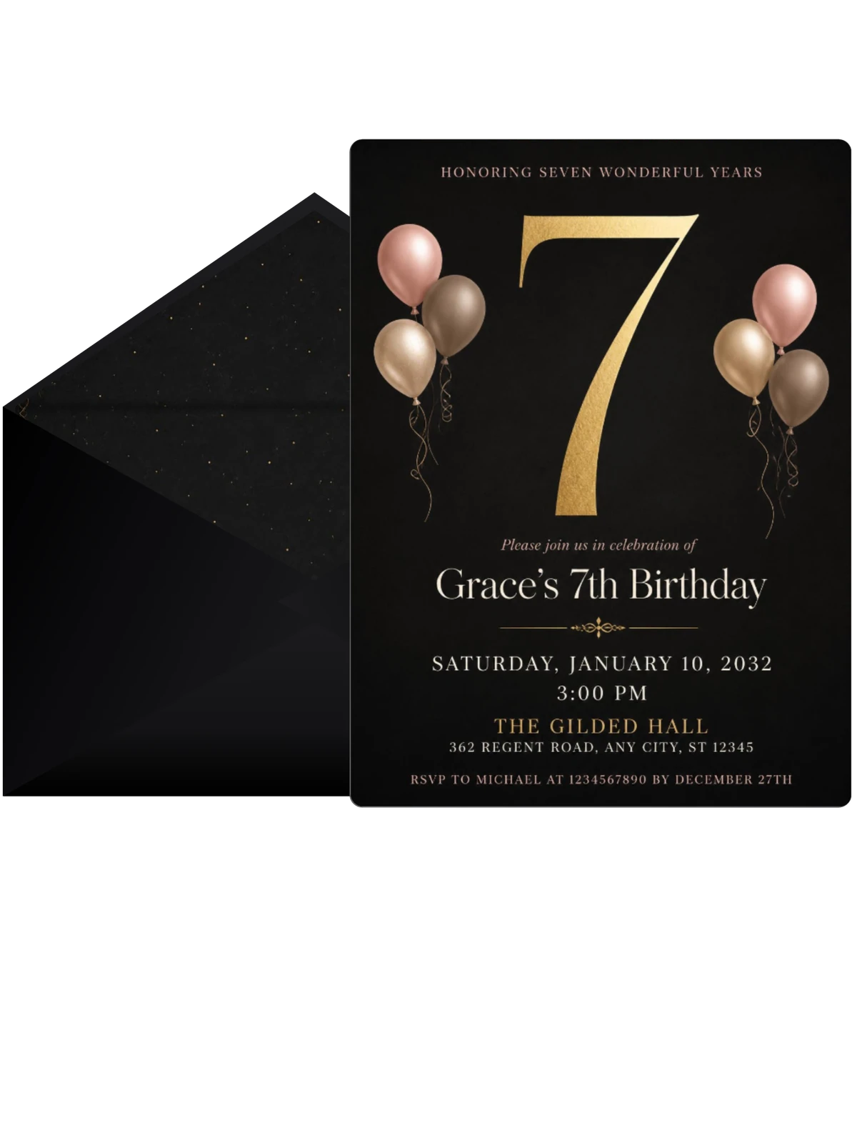 Charcoal and Blush 7th Birthday Invitation