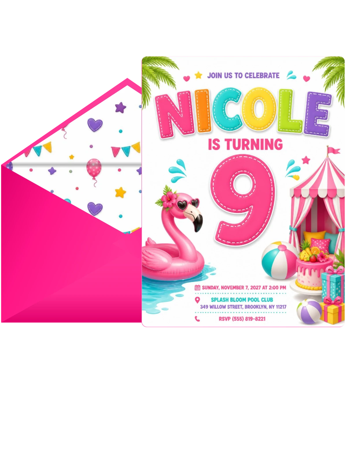 Stitched Flamingo Pool 9th Birthday Invitation