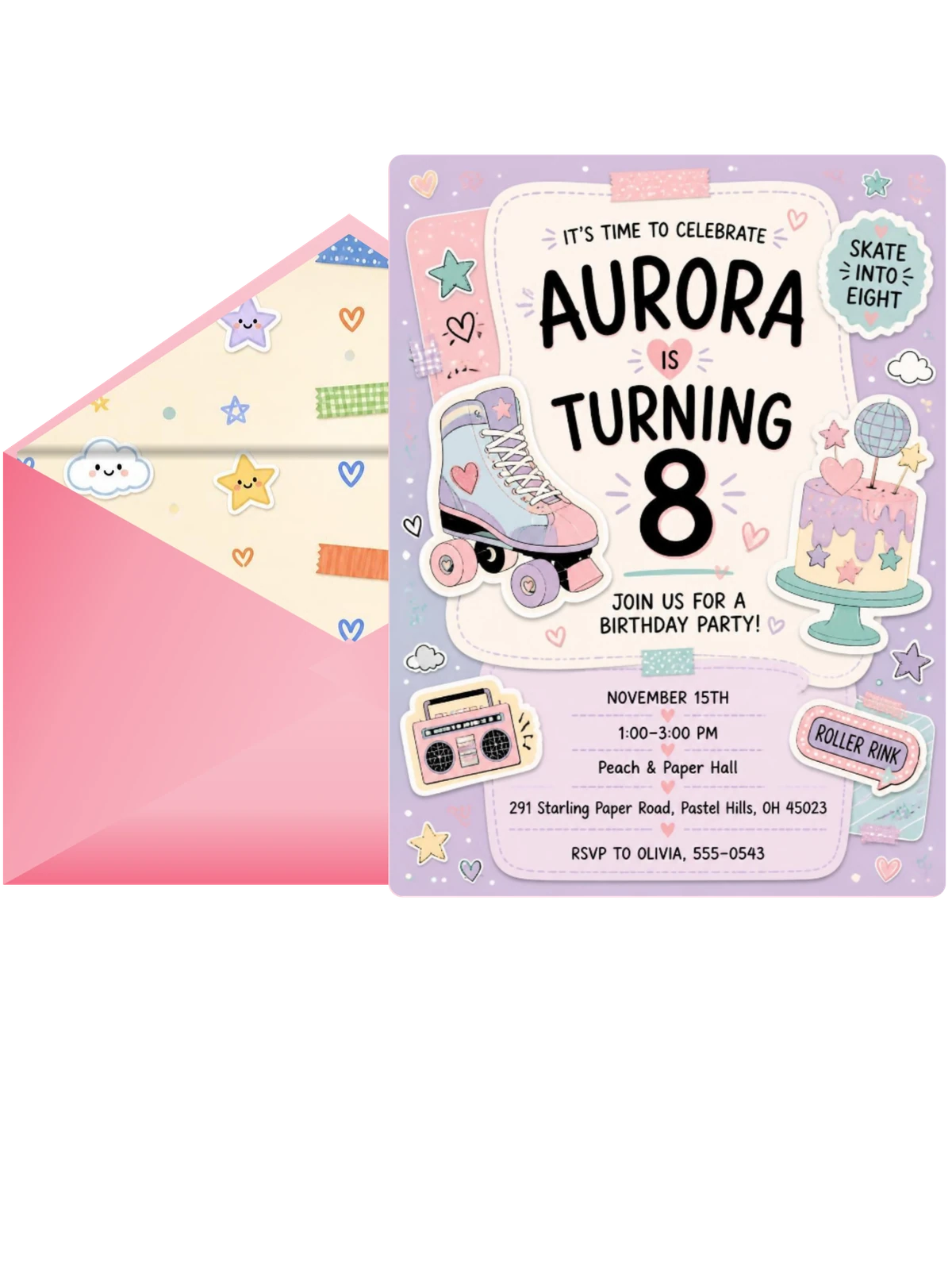 Roller Skate Pastel 8th Birthday Invitation