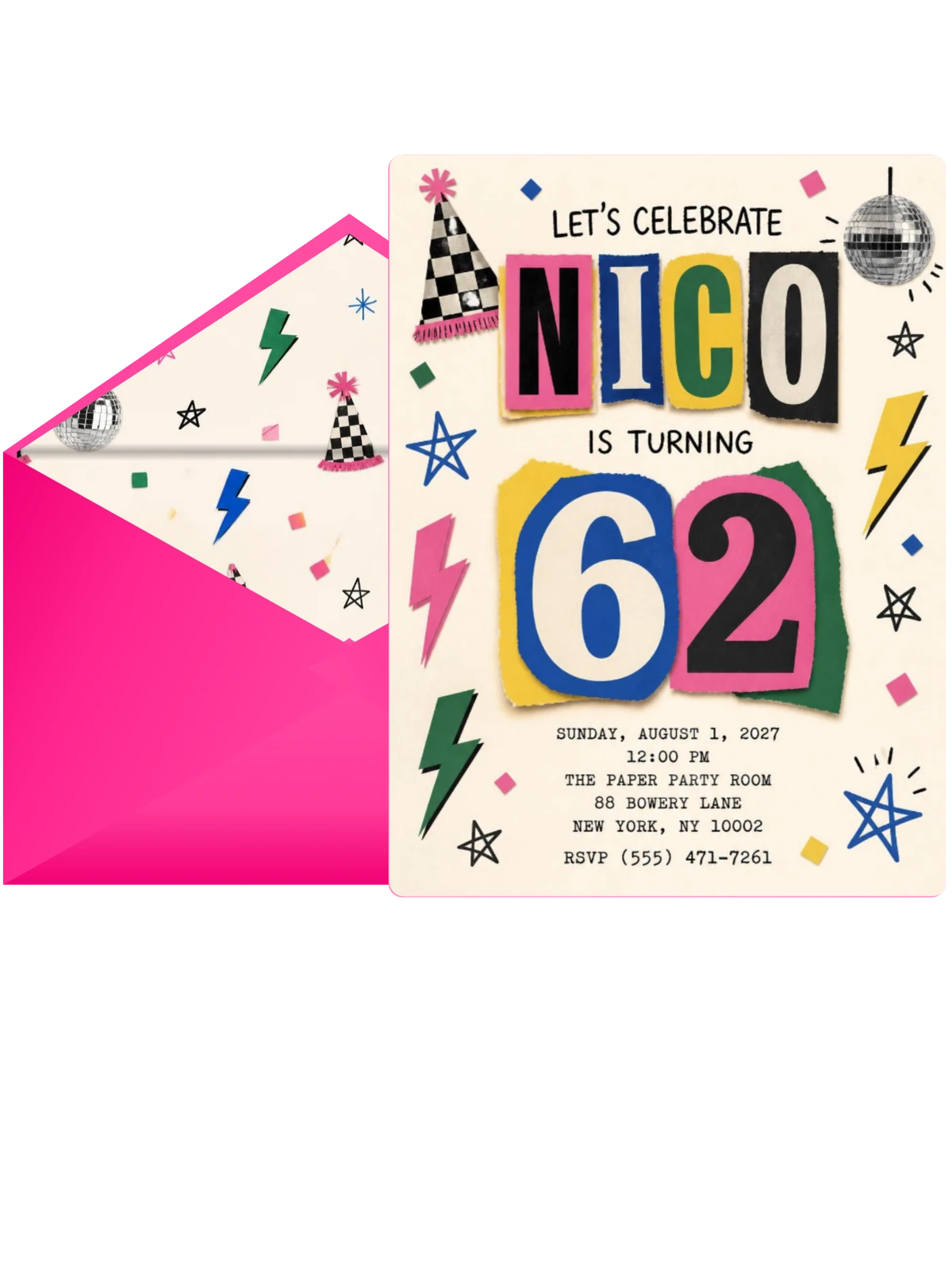 Retro Paper Collage 62nd Birthday Invitation