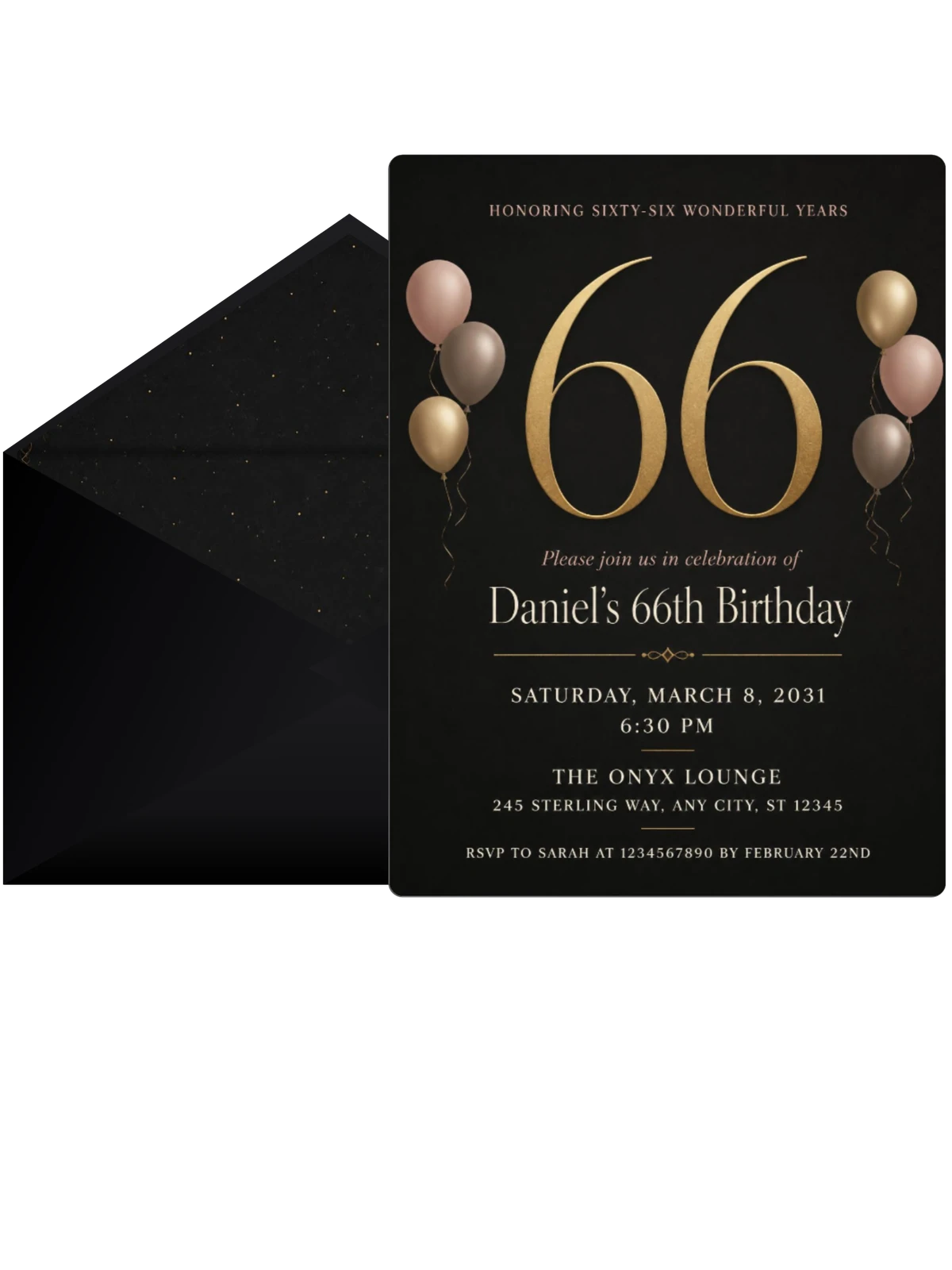 Charcoal and Blush 66th Birthday Invitation