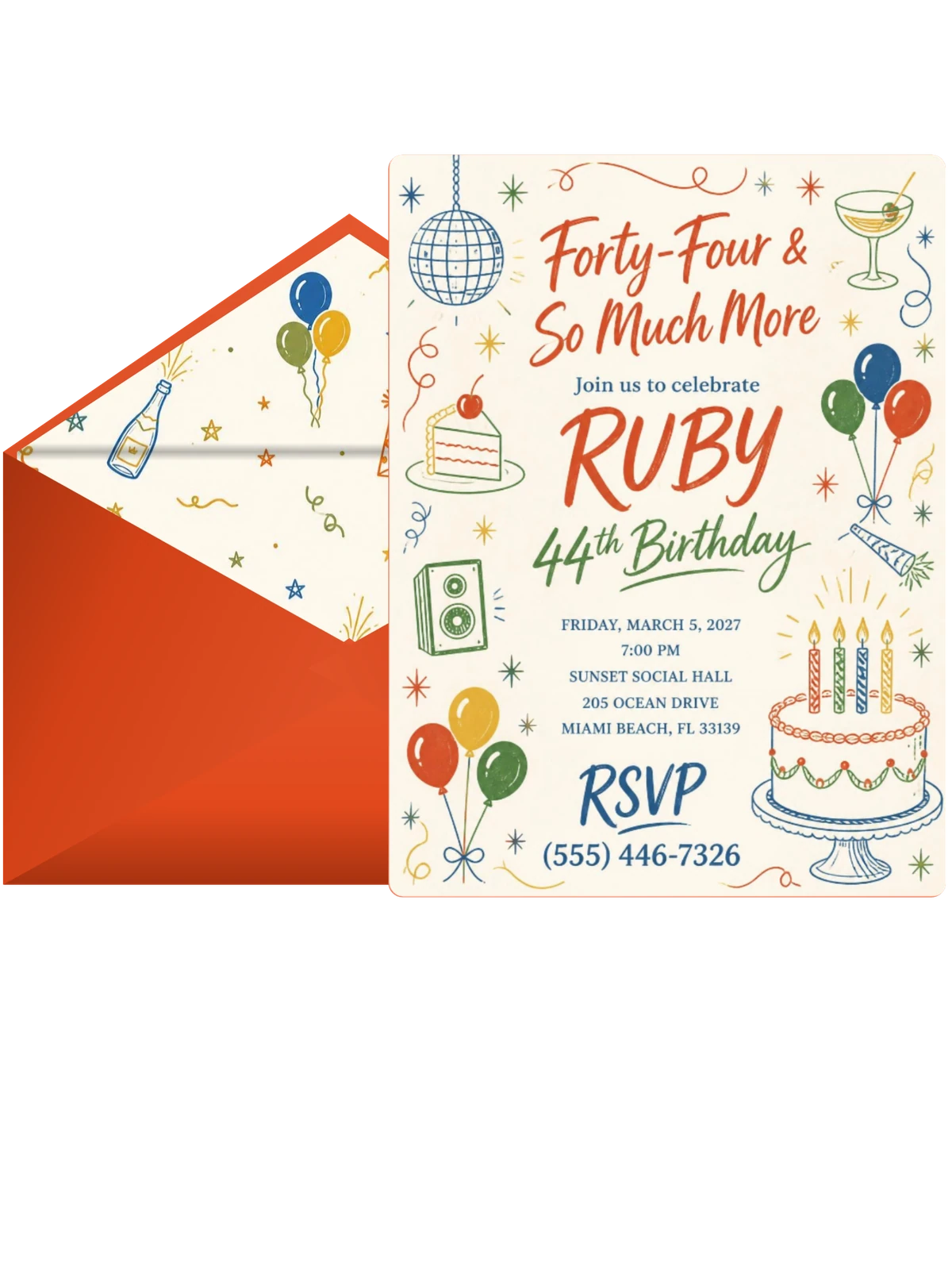 Retro Doodle 44th Birthday Invitation