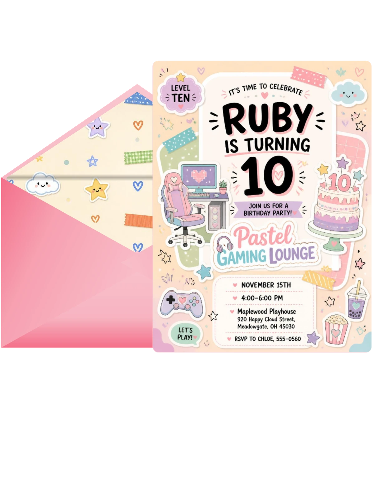 Pastel Gaming Lounge 10th Birthday Invitation
