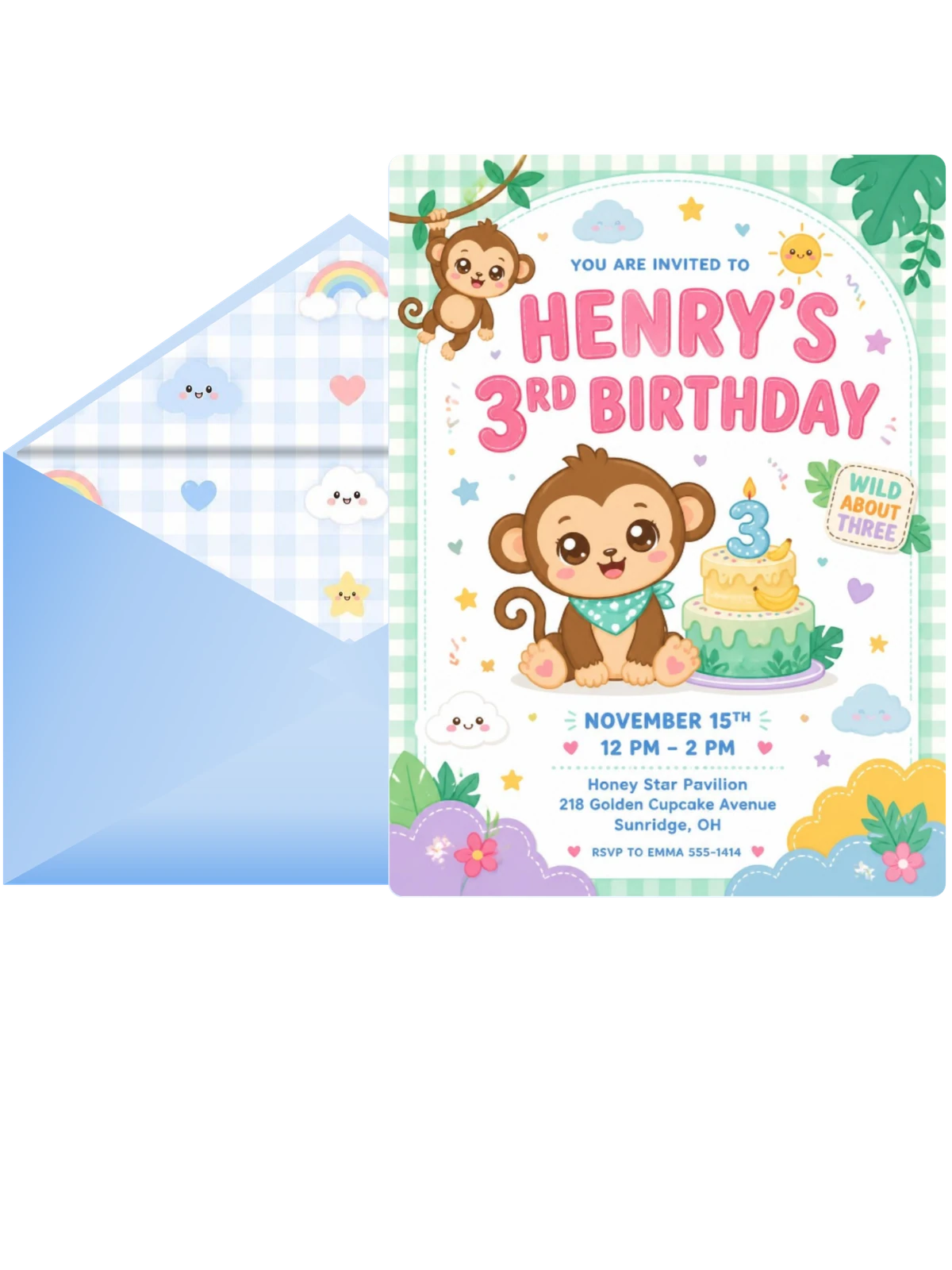 Hanging Monkey Kawaii 3rd Birthday Invitation