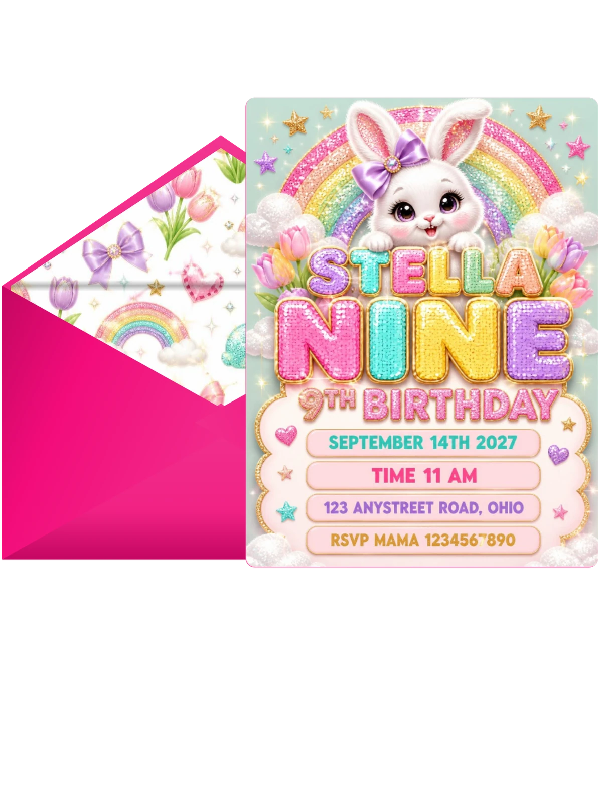 Glitter Sparkle Bunny 9th Birthday Invitation