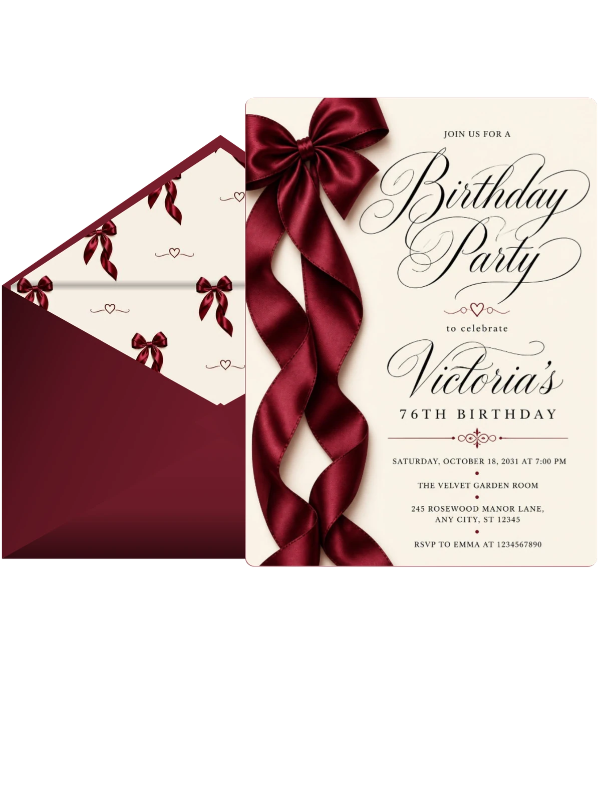 Burgundy Satin Bow 76th Birthday Invitation