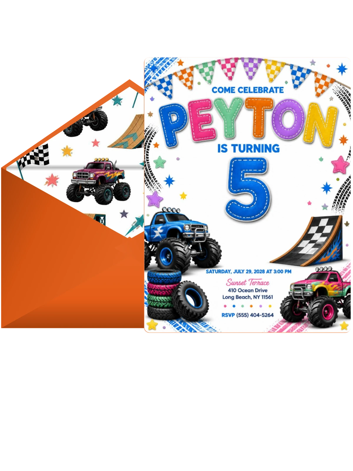 Stitched Monster Truck 5th Birthday Invitation