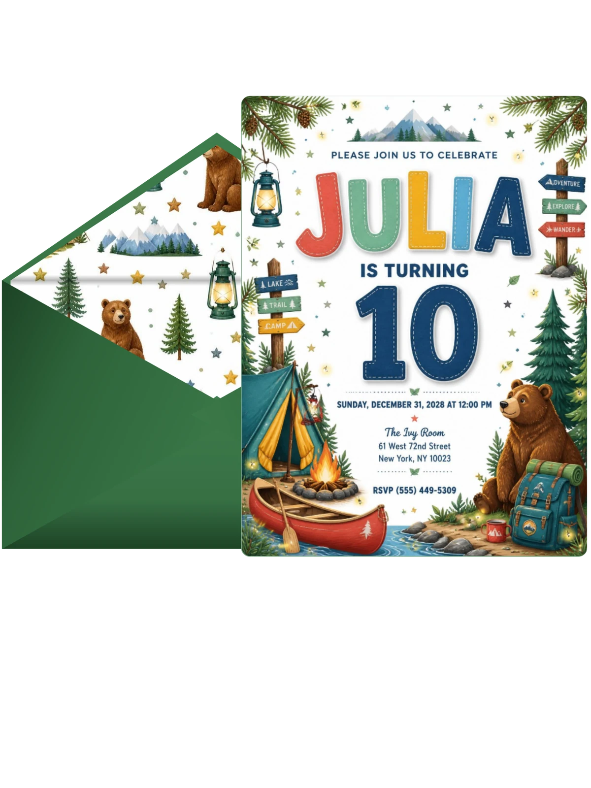 Stitched Camping 10th Birthday Invitation
