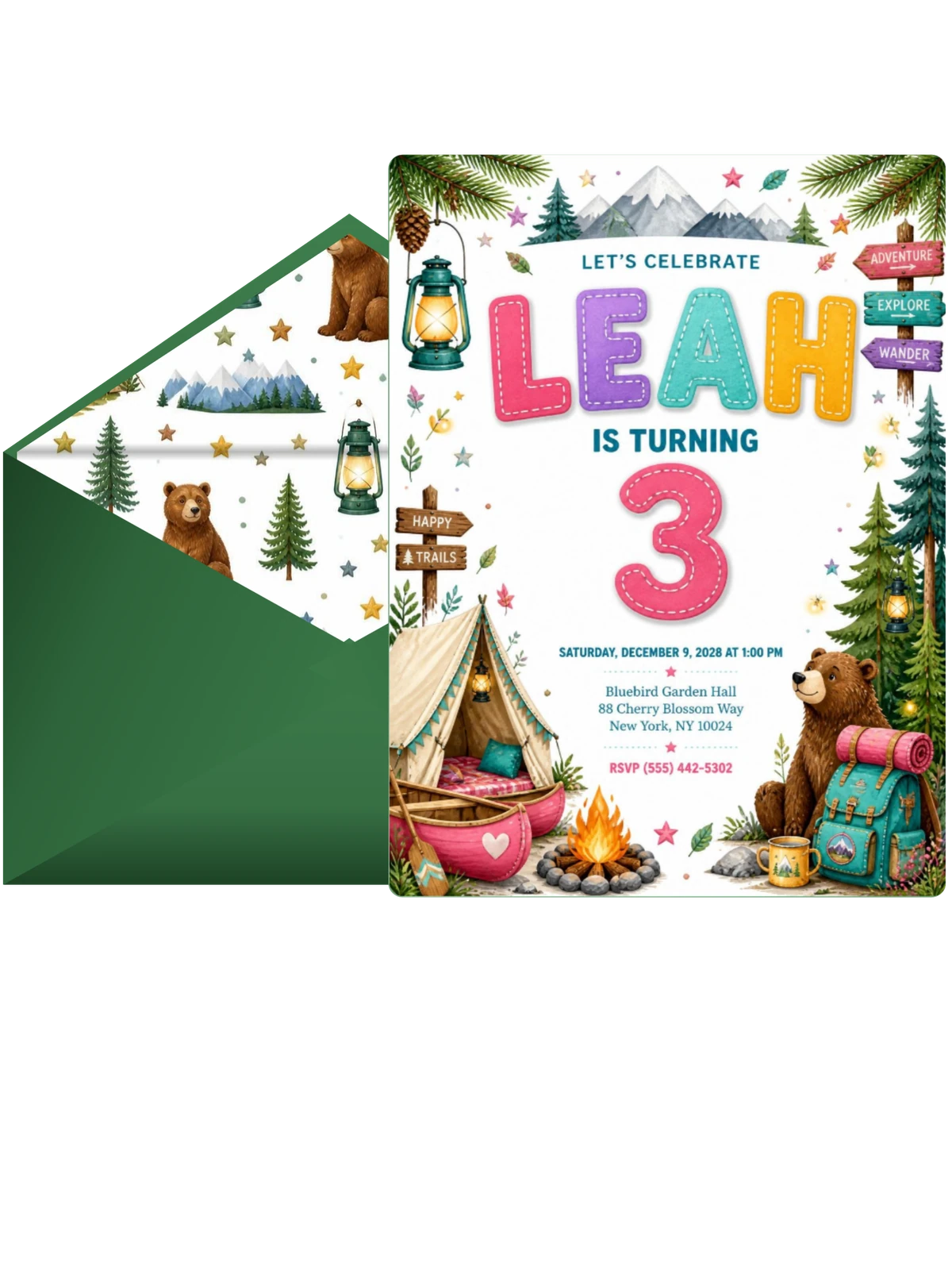 Stitched Camping 3rd Birthday Invitation