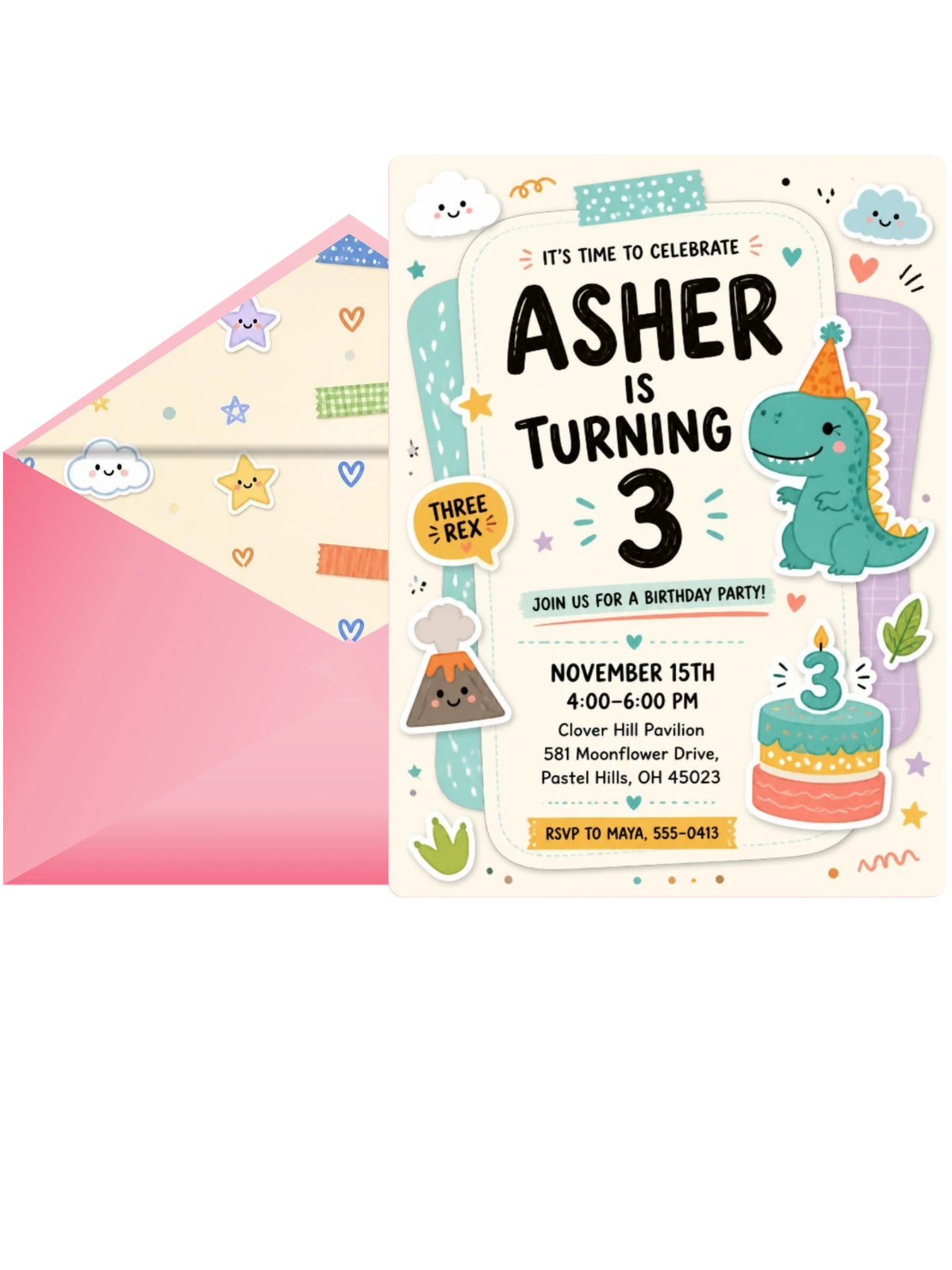 Pastel Green T-Rex 3rd Birthday Invitation