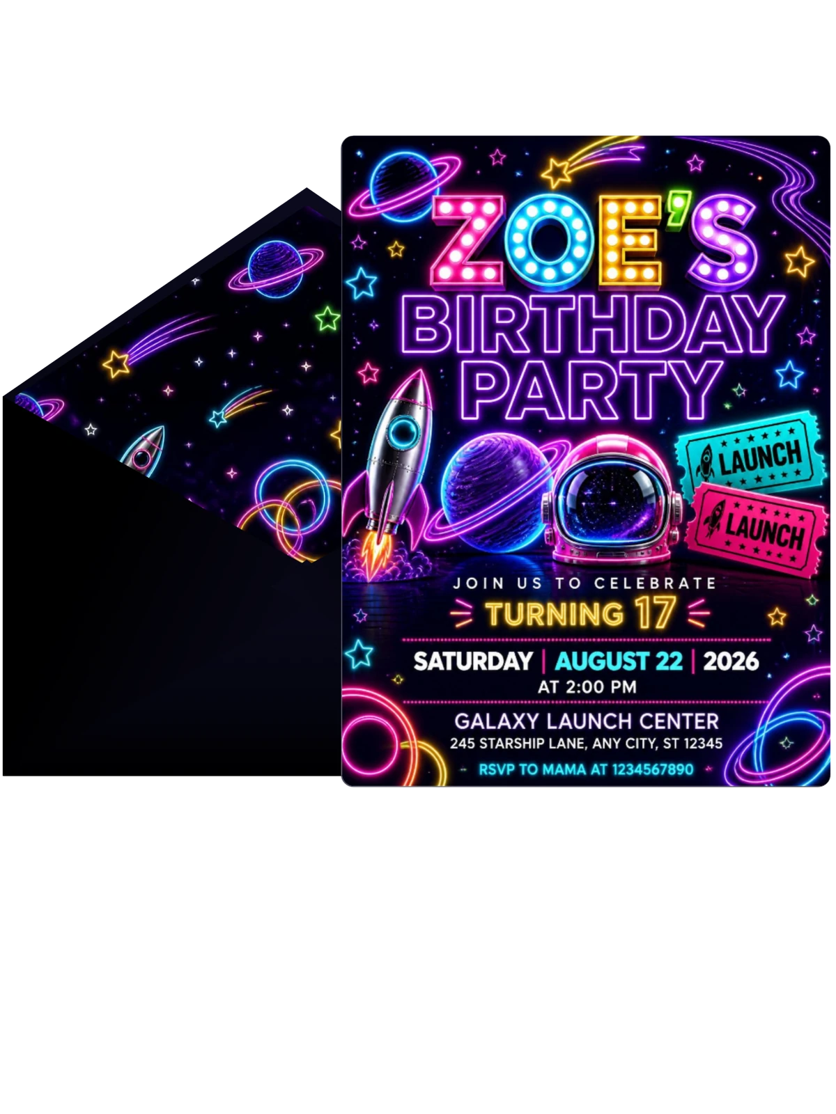Neon Space 17th Birthday Invitation