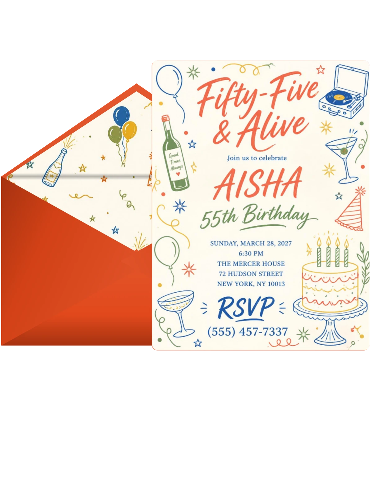 Retro Doodle 55th Birthday Invitation