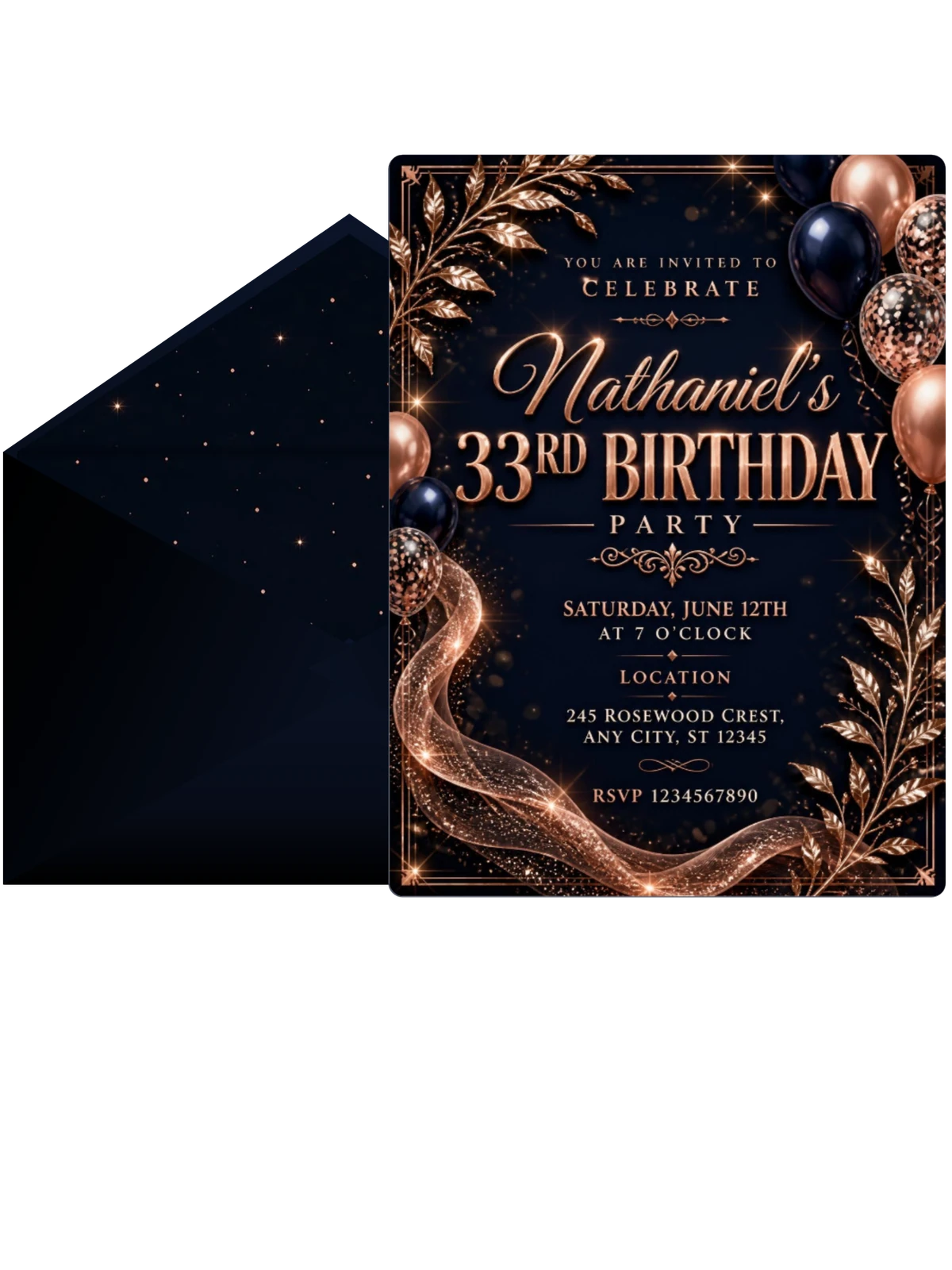 Navy and Rose Gold 33rd Birthday Invitation