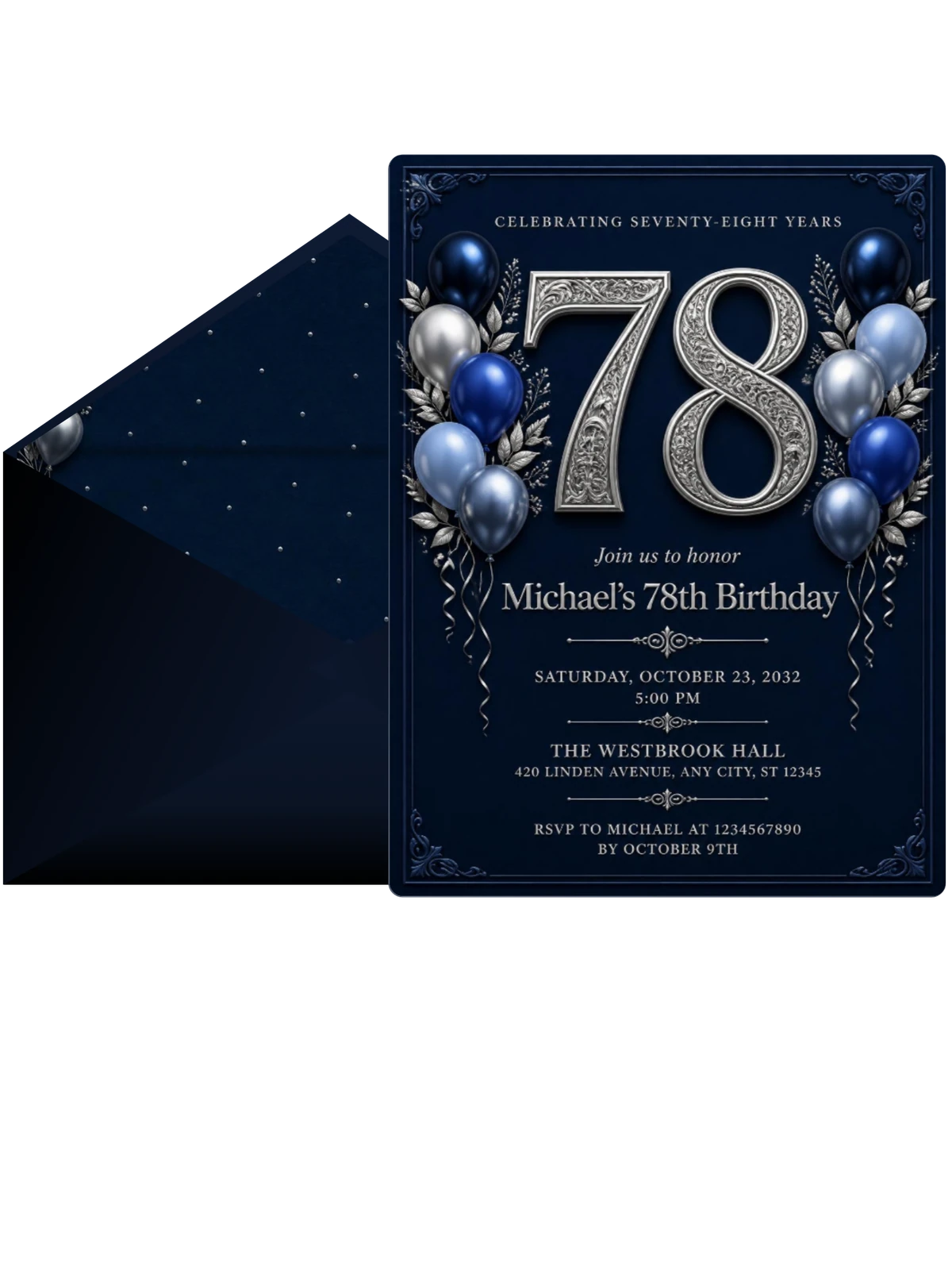 Navy and Silver 78th Birthday Invitation