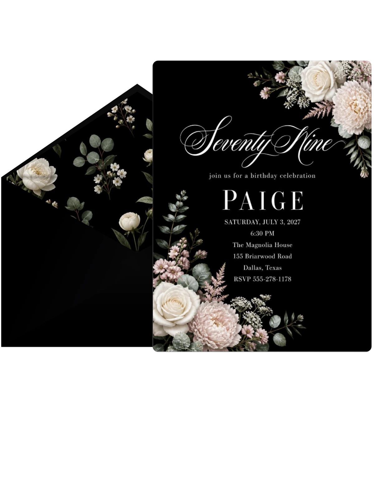 Black Floral 79th Birthday Invitation