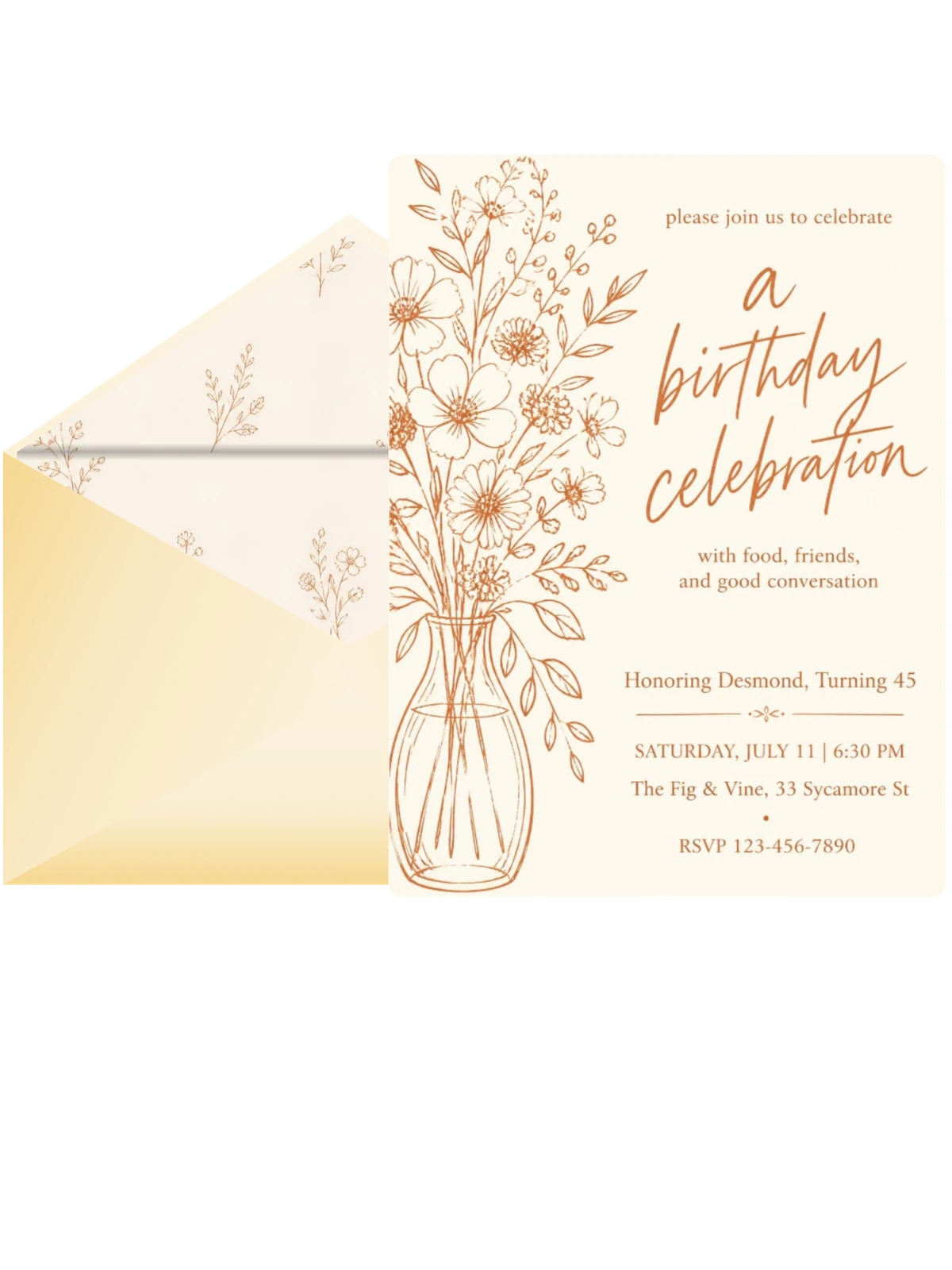 Terracotta Line-Art Floral 45th Birthday Invitation