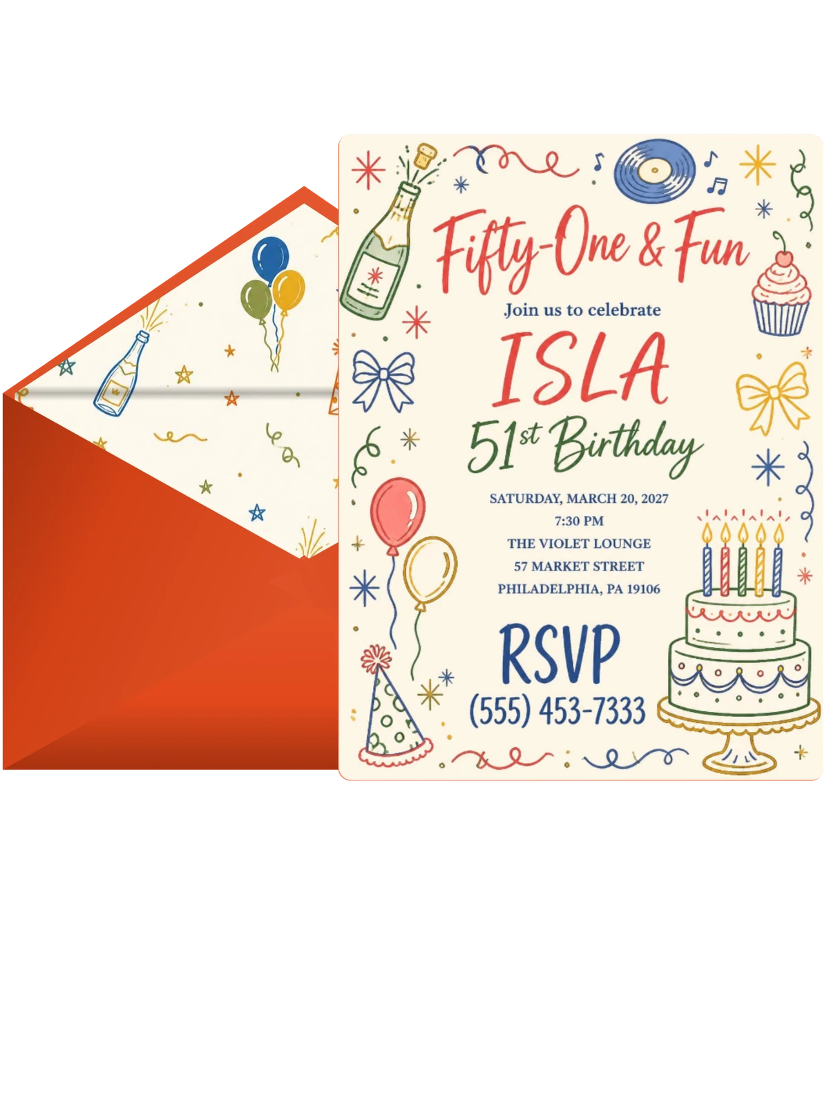 Retro Doodle 51st Birthday Invitation