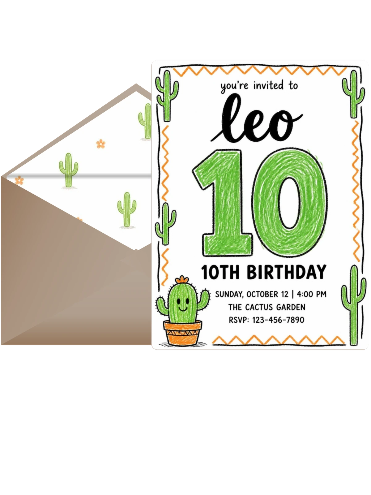 Crayon Cactus 10th Birthday Invitation