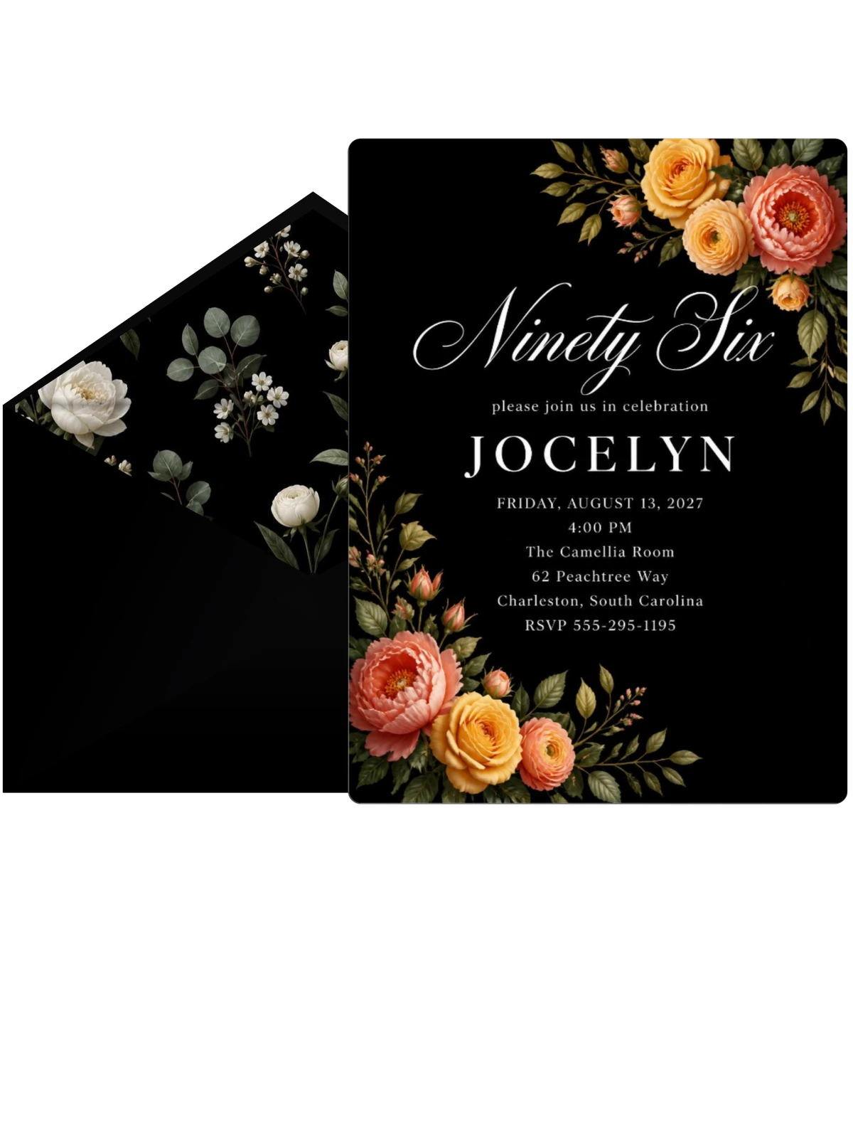 Black Floral 96th Birthday Invitation