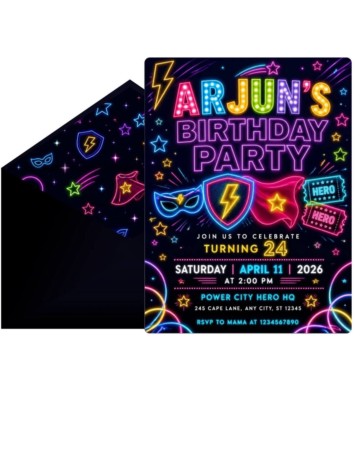 Neon Superhero 24th Birthday Invitation
