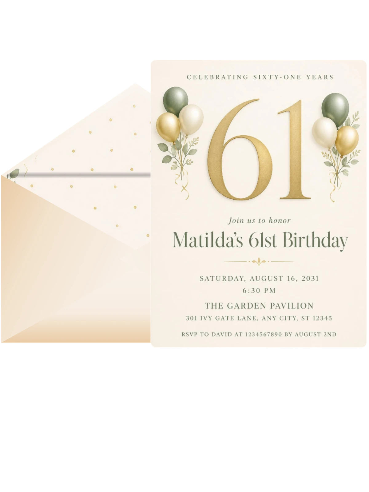 Sage and Ivory 61st Birthday Invitation