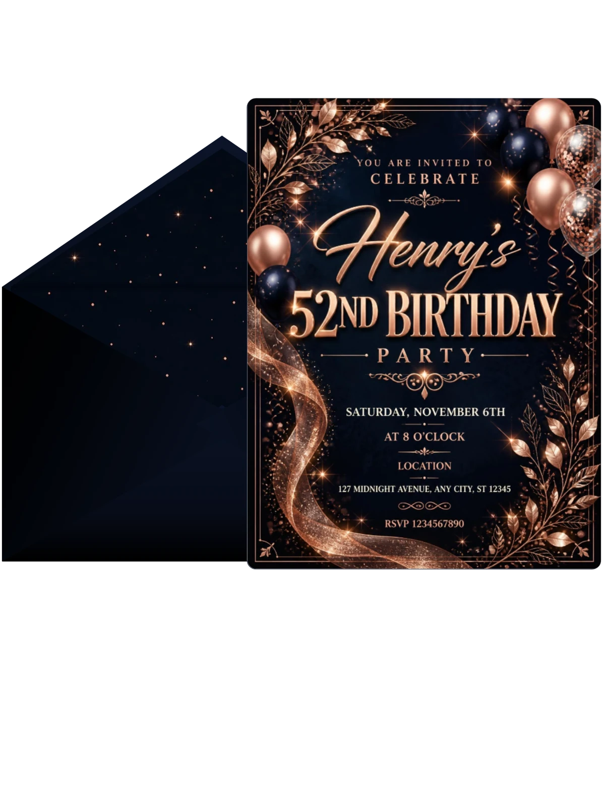 Navy and Rose Gold 52nd Birthday Invitation