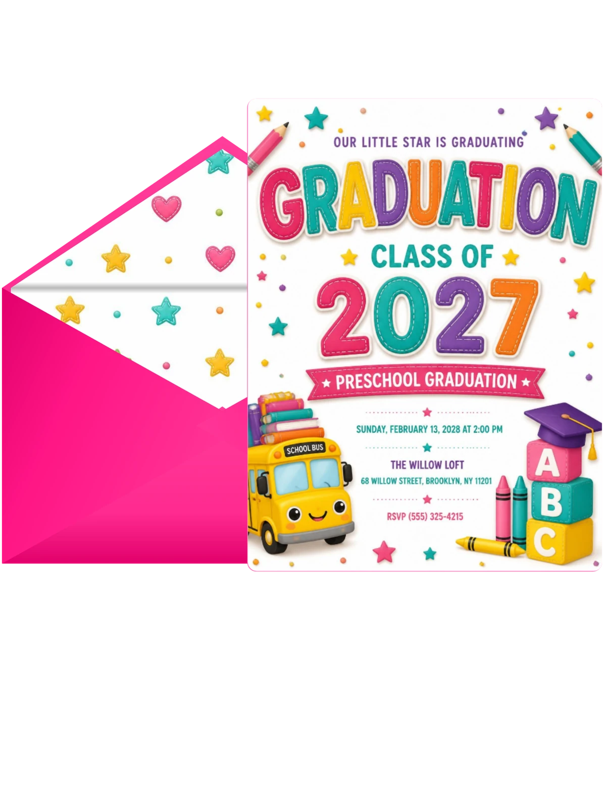 School Bus Preschool Graduation Invitation