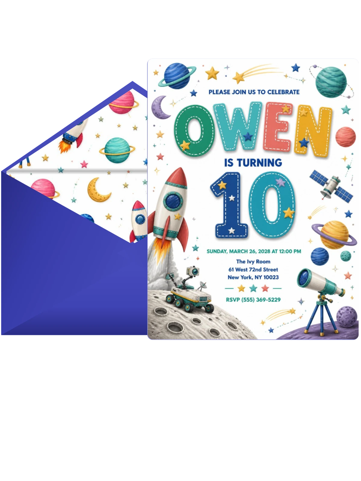 Stitched Space 10th Birthday Invitation