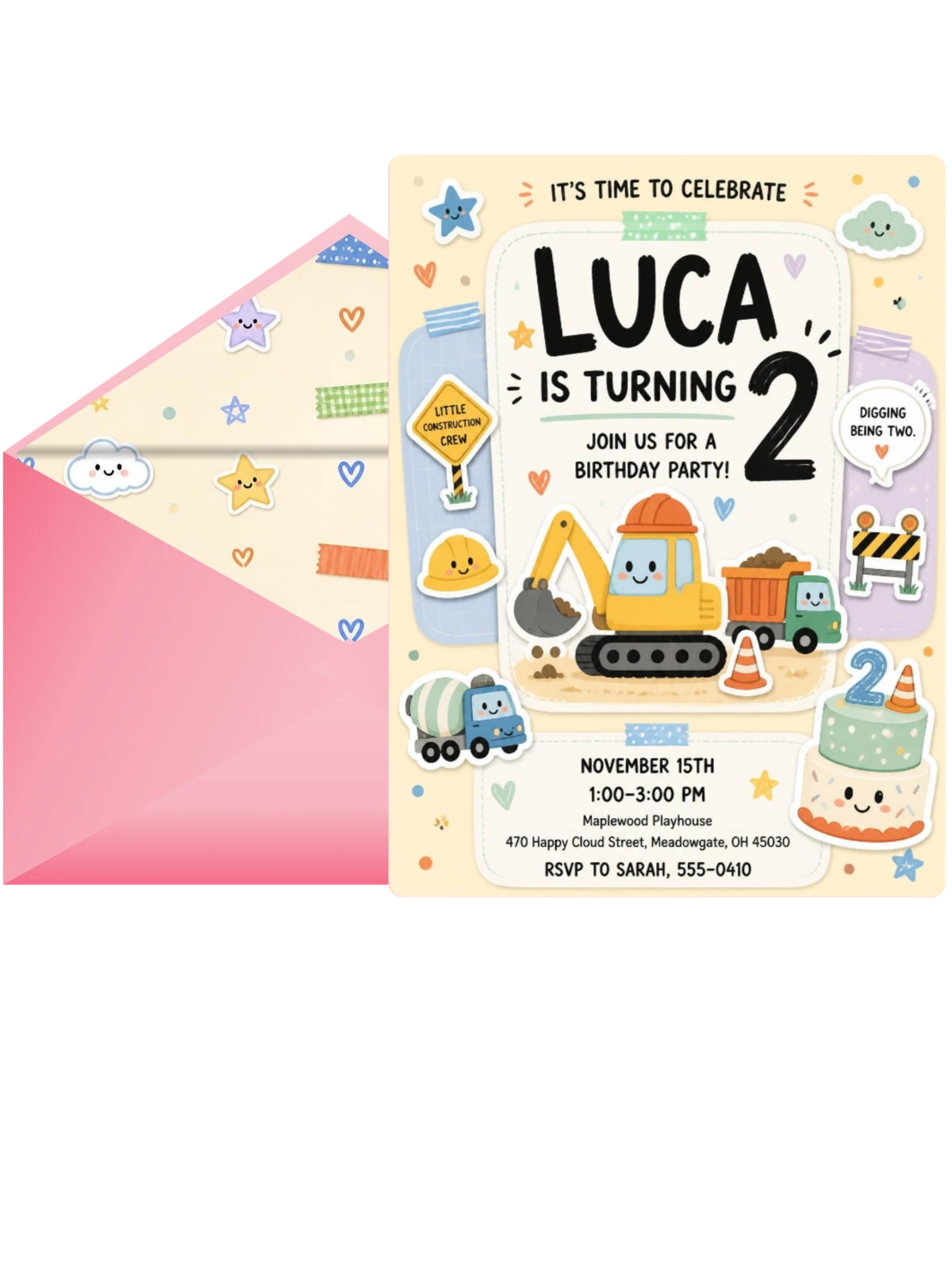 Dump Truck Pastel 2nd Birthday Invitation