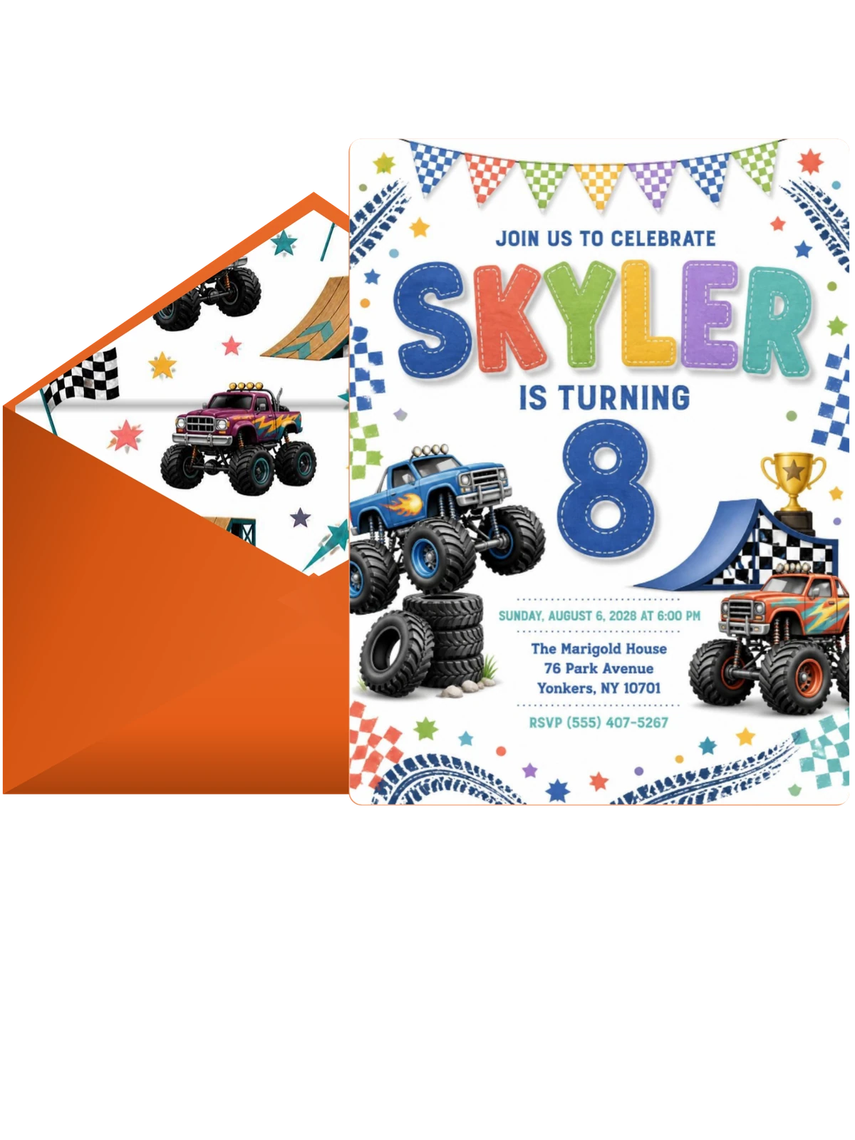 Stitched Monster Truck 8th Birthday Invitation