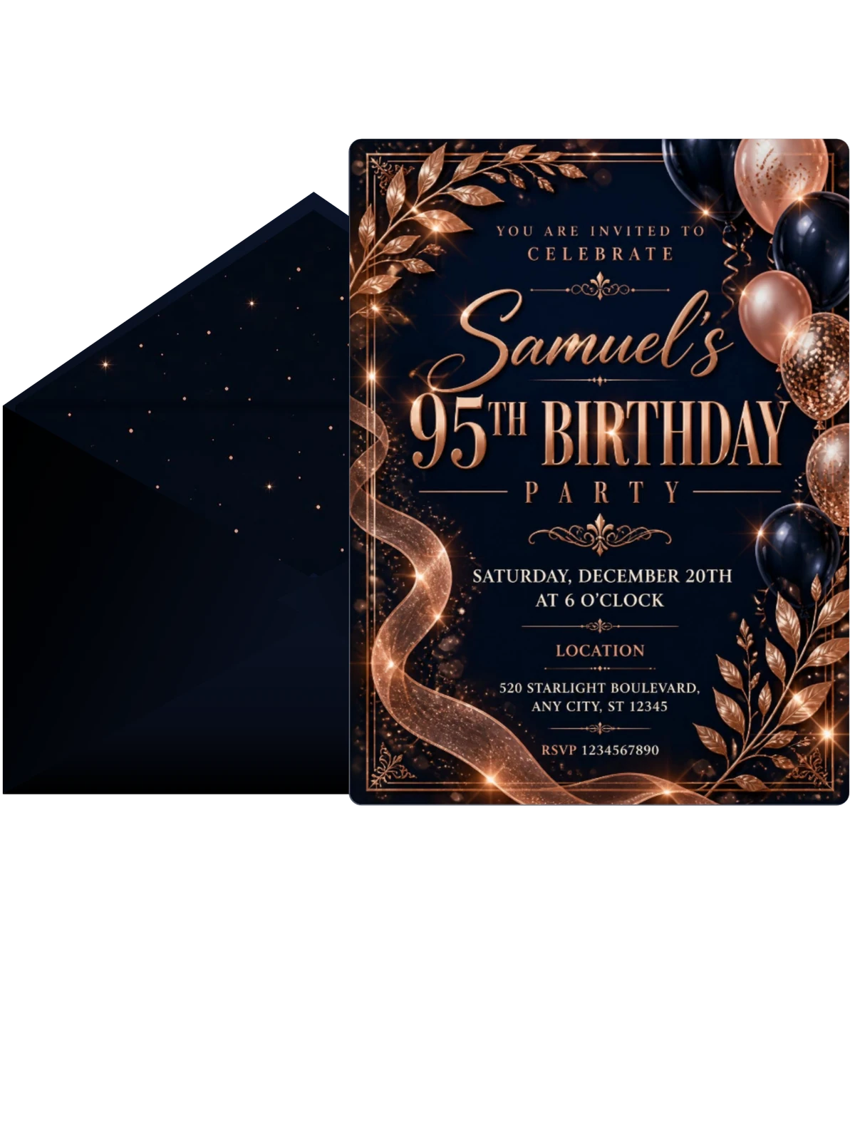 Navy and Rose Gold 95th Birthday Invitation