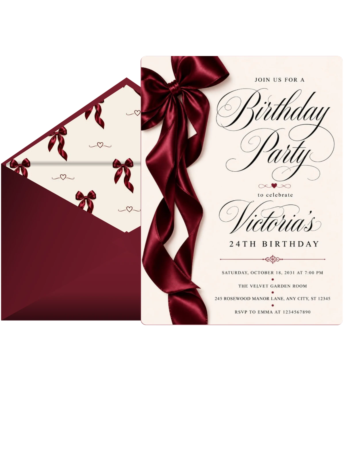 Burgundy Satin Bow 24th Birthday Invitation