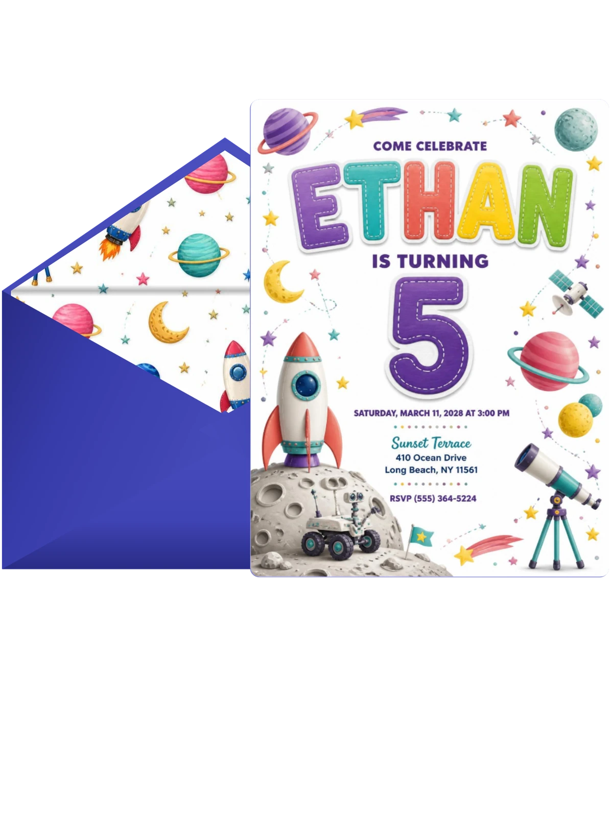 Stitched Space 5th Birthday Invitation