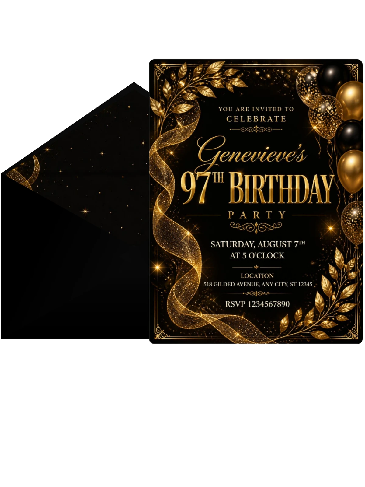 Black and Gold 97th Birthday Invitation